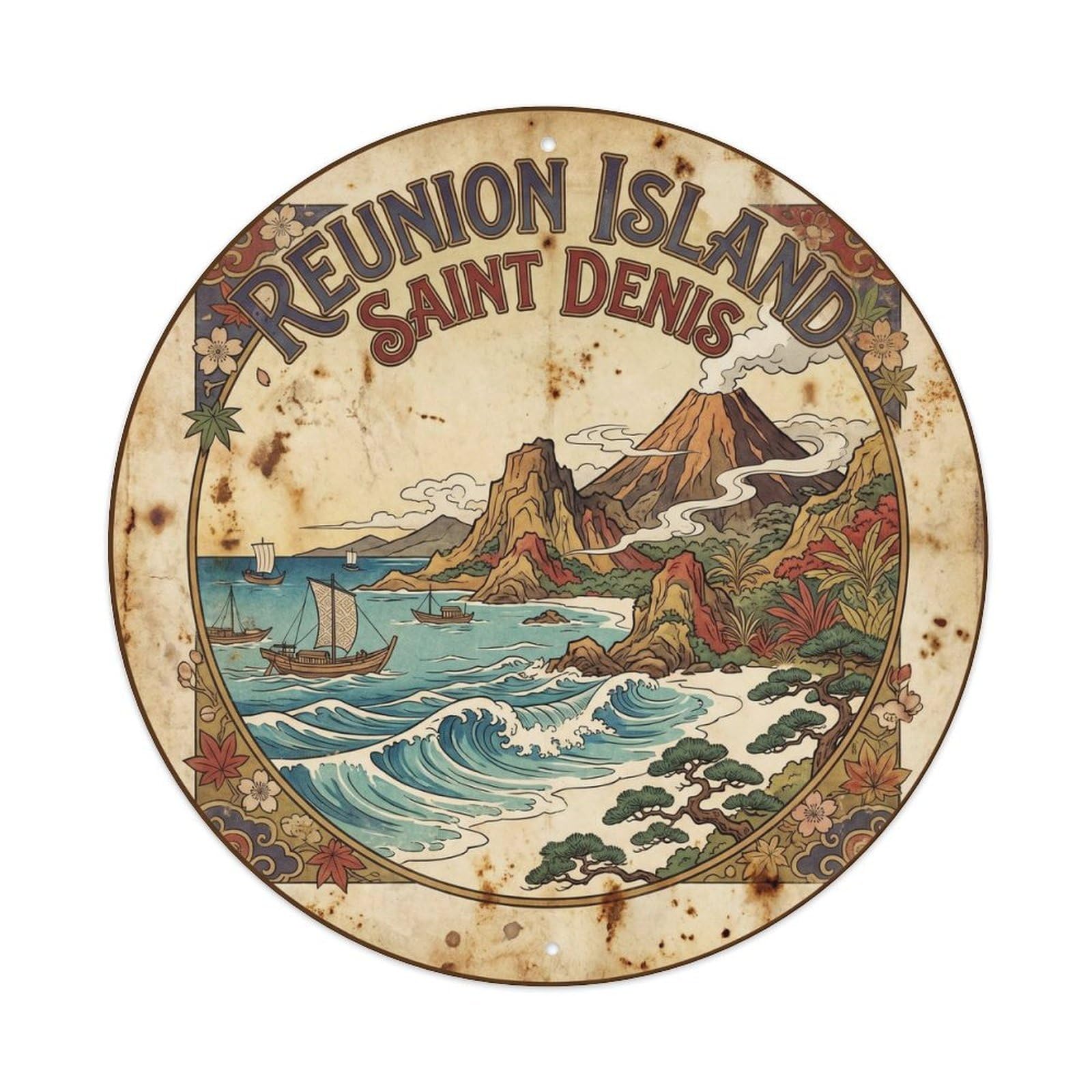 Reunion Saint Denis Tropical Lagoon Vintage Woodcut Metal Tin Sign