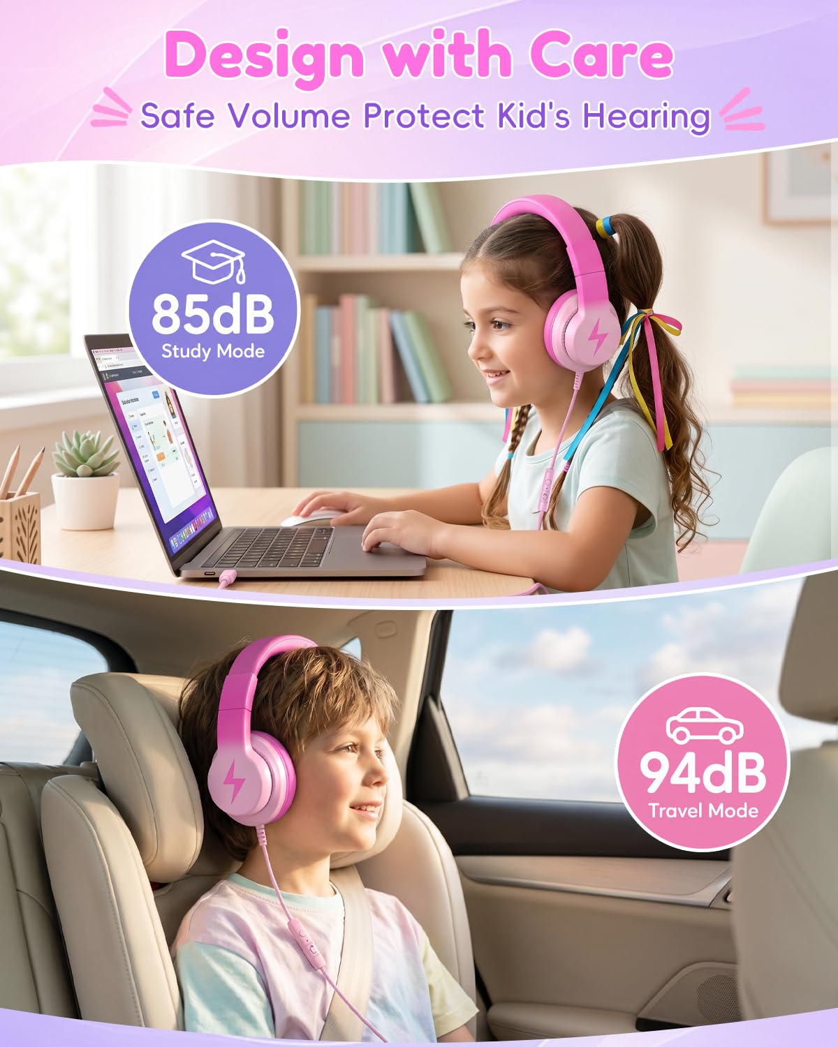 Candy Bila Cuffie per bambini per la scuola, cuffie USB C per bambini, cuffie cablate per bambini, suono stereo HD, cuffie sovraurali pieghevoli per bambini, ragazze, PC, tablet, colore rosa scuro