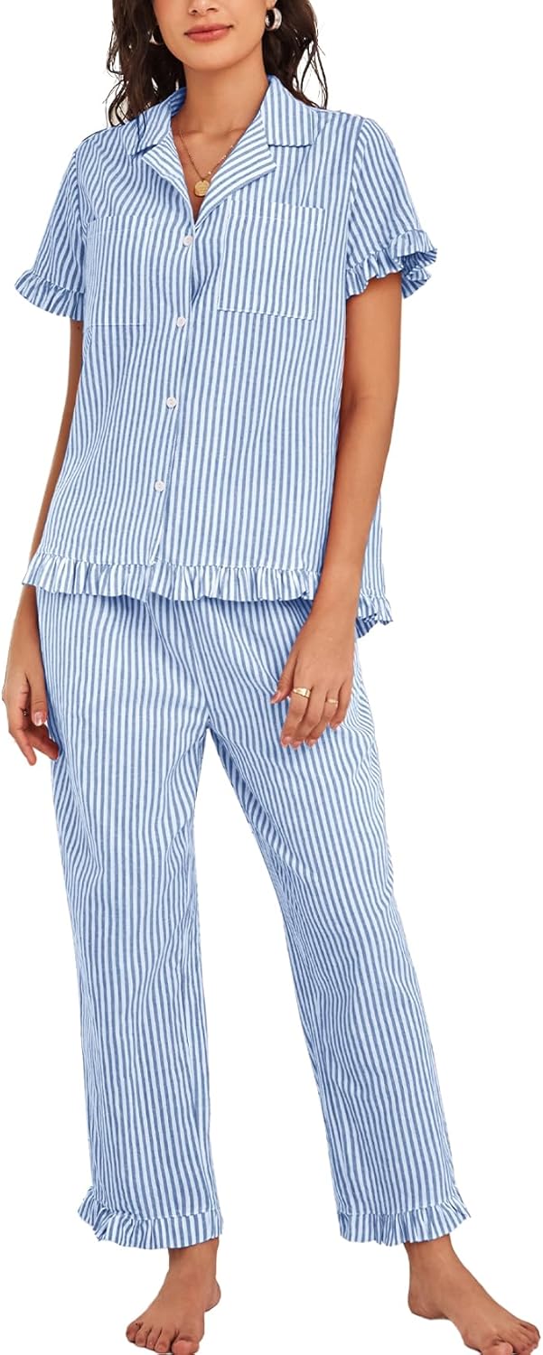 COZYPOIN Women's Cotton Pajama Sets Striped Short Sleeve Top Long Pants 2 Piece Pjs Sets Cute Ruffle Sleepwear Loungewear