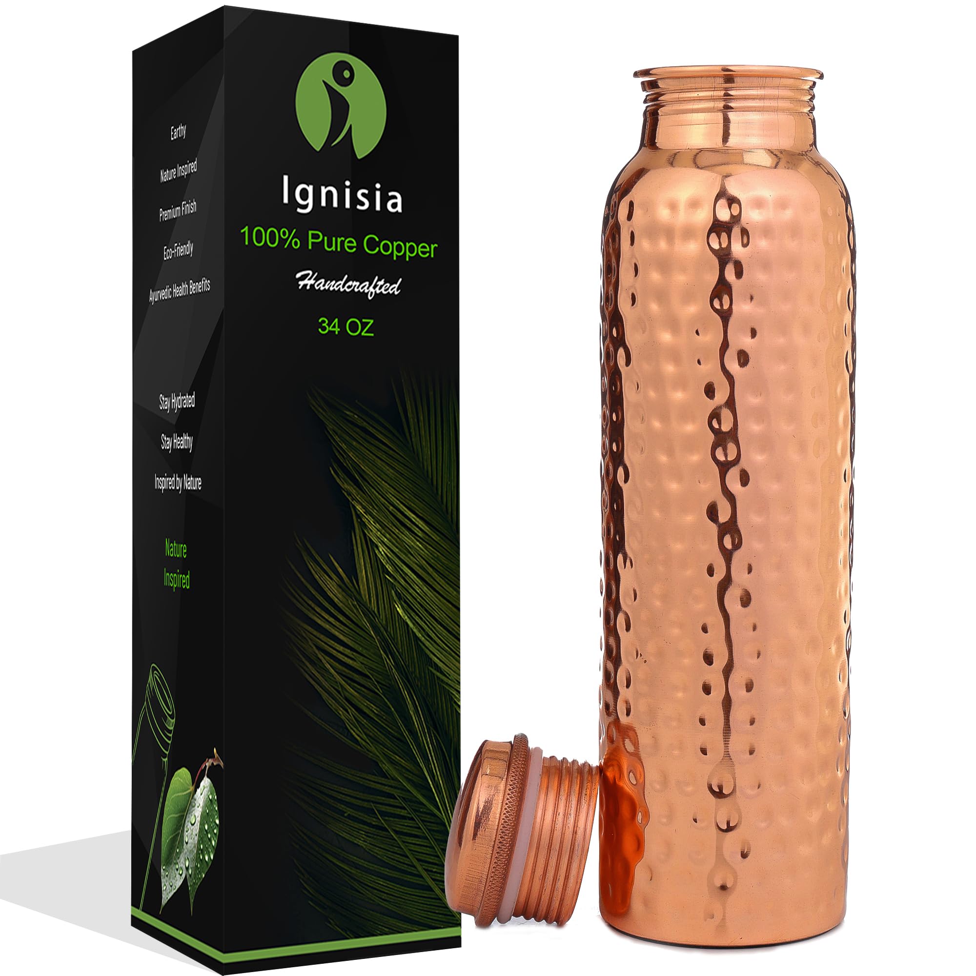 Ignisia Copper Water Bottle 34oz - 100% pure copper water bottle for drinking | eco-friendly | lab tested | Leak-Proof | Handcrafted Ayurvedic for Health & Wellness Hammered