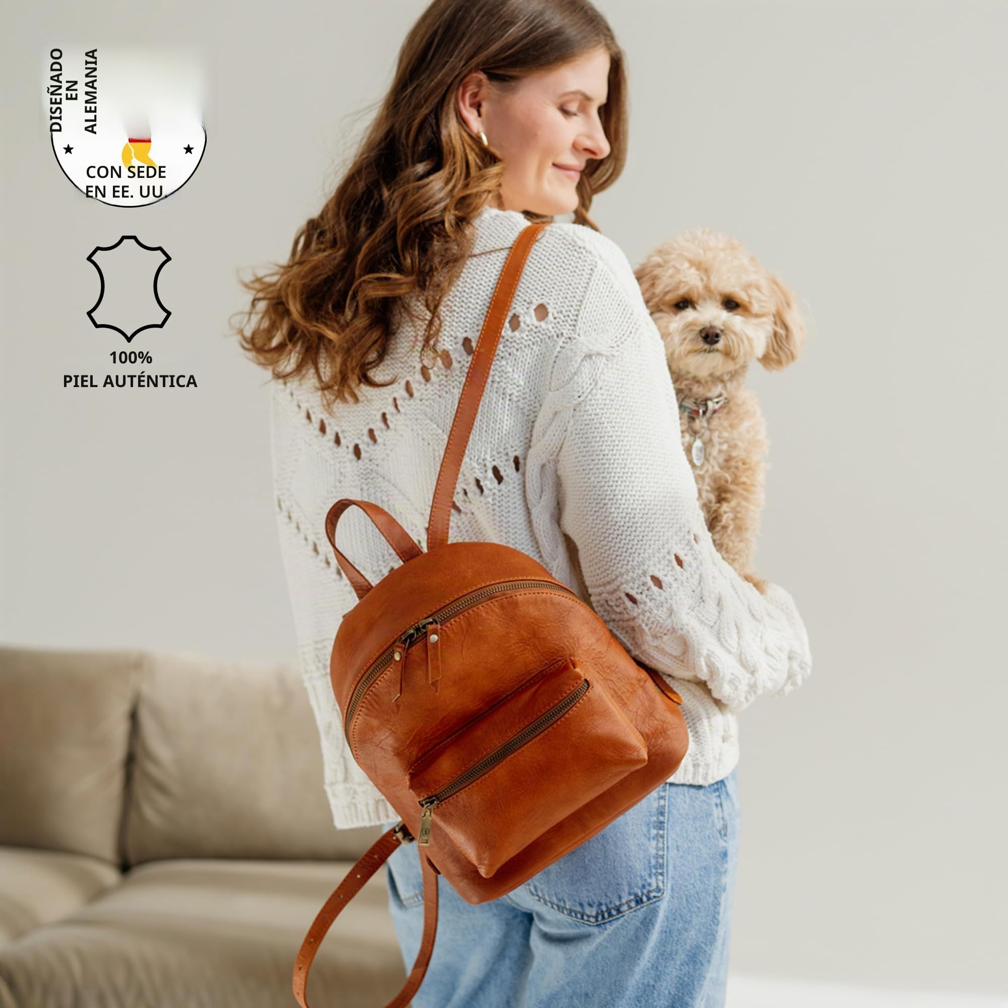 Berliner Bags Mochila Kelly Mini de Piel Auténtica para Mujer, con Compartimento Interior y Exterior y Estuche Redondo Desmontable, Diseño Elegante - Marrón