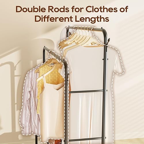 Miniatura 4 de Perchero doble para colgar ropa, perchero con ruedas, estantes de ropa independientes con estantes de tela de poliéster y estante inferior de malla