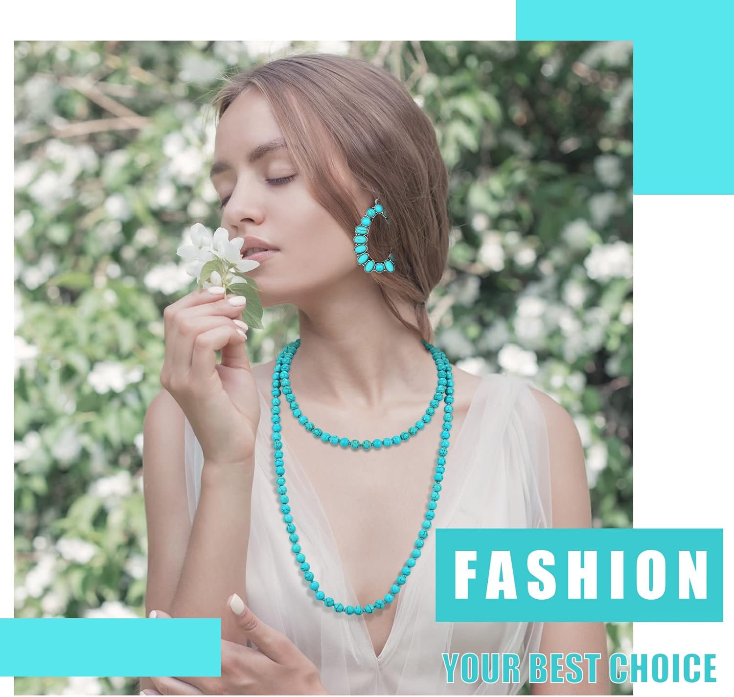 Bonuci Women Necklace Set Long Turquoise Beads Endless Vintage Jewelry Simulated Collar Western Necklace Cute Turquoise Jewelry Earring Accessories - Image 5