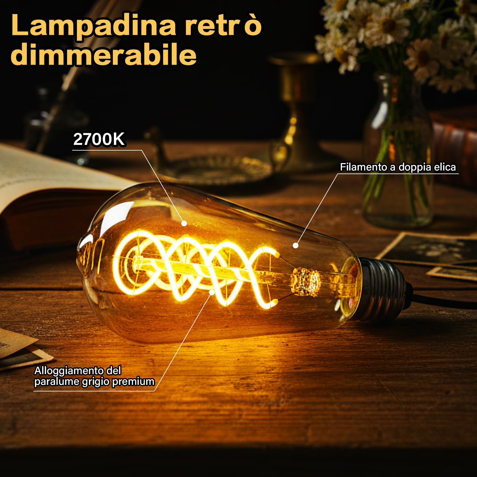 6 Pezzi Lampadine LED E27 Edison, 6W 2700K Lampadina Vintage Dimmerabile ST64 Retro Lampada LED Bianco Caldo per Casa, Bar, Sbarra, Illuminazione Retrò [Classe di efficienza energetica A]