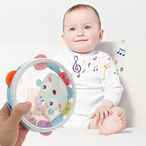 Miniatura 9 de SUPVOX Tambor de pandereta de mano de 6.29 pulgadas para niños tambor de mano azul cielo con campanas - Instrumento musical de percusión de plástico