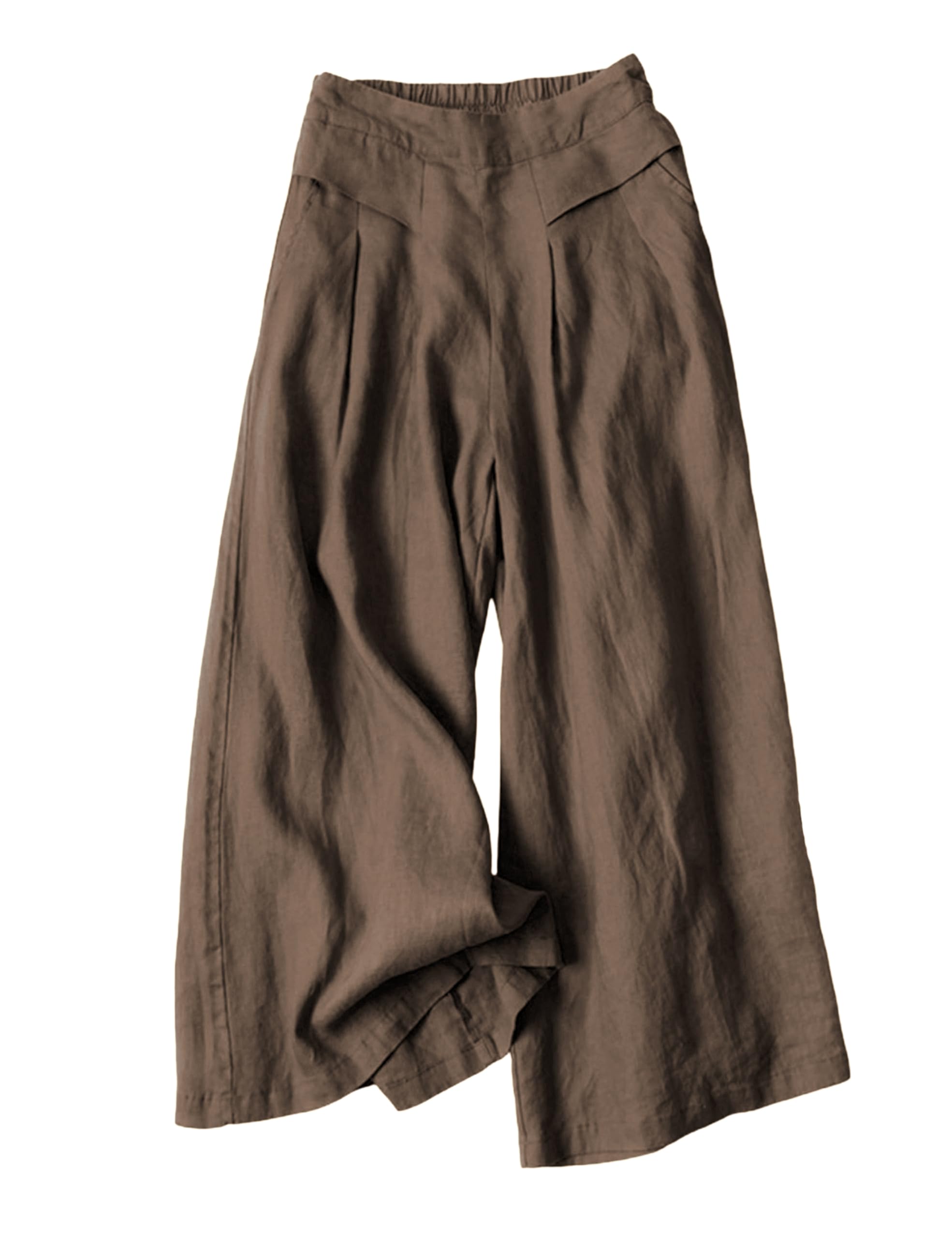Bianstore Womens Culottes Linen Cropped Wide Leg Pants Elastic Waist Casual Palazzo Trousers with Pockets