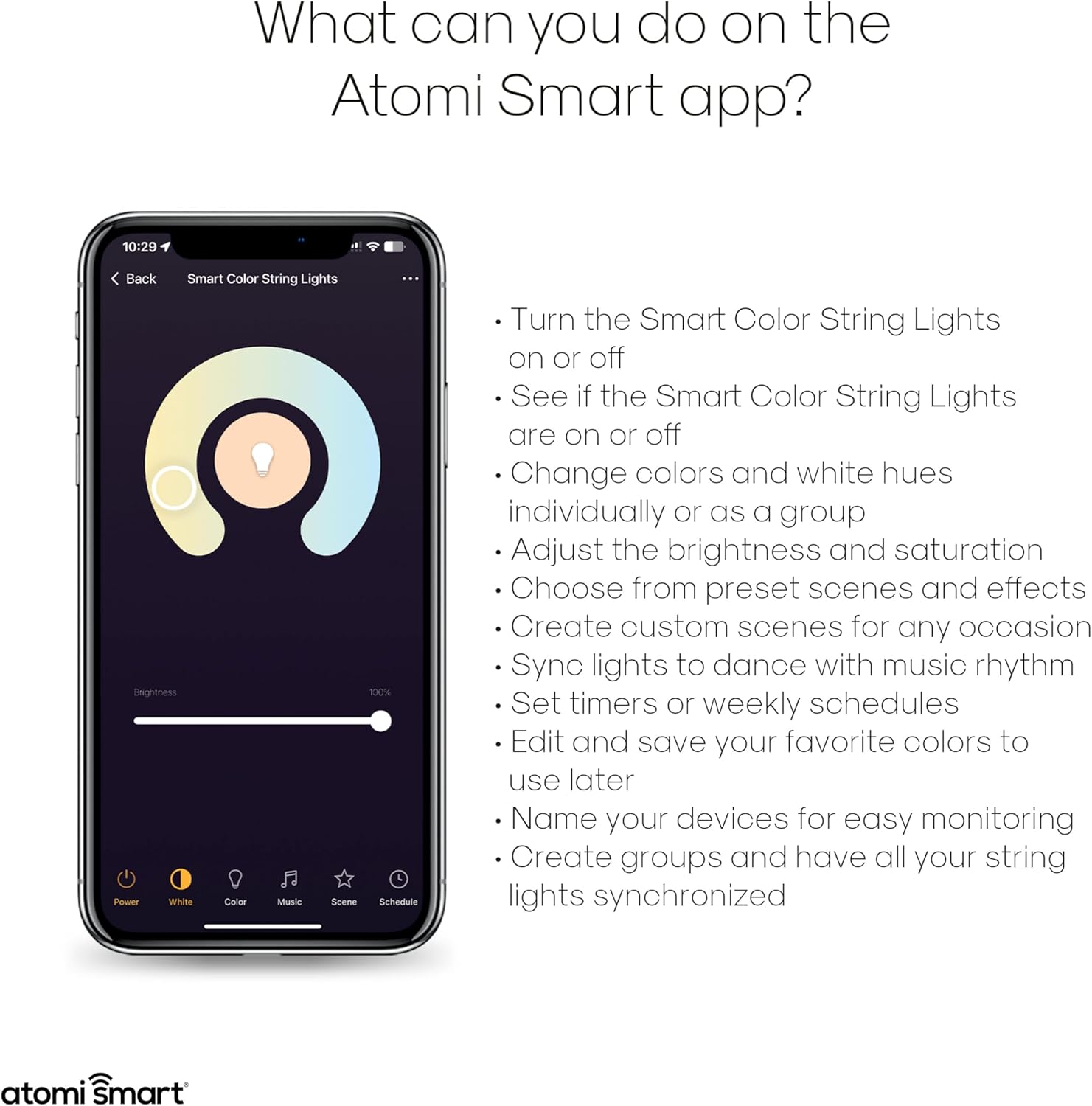 Smartphone screen showing the Atomi Smart app with a list of functions for the string lights, including turning on/off, changing colors, adjusting brightness, and setting schedules.