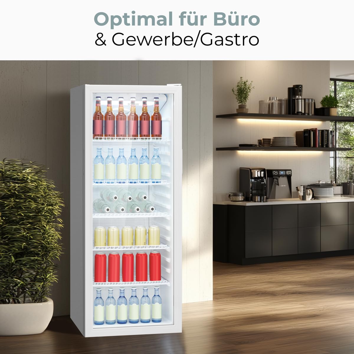 Frigorifero Bomann® con porta in vetro, Classe energetica C, 143 cm, Frigorifero per bevande 2-12 °C, MultiAirflow, 5 ripiani in filo metallico, Cerniera della porta reversibile, 236 l,