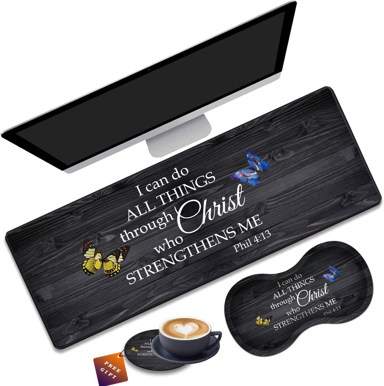 Desk Pad Gaming Mouse Pad + Wrist Rest Support Pad + Coaster, 31.5" × 11.8" Durable Non-Slip Extended Computer Mouse Pad, Suitable for Office and Home, Bible Verse Phil 4-13