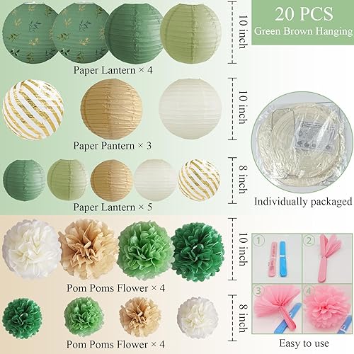 Miniatura 2 de 20 linternas de papel verde para decoración de fiesta, pompones, colgantes, color verde salvia, marrón, decoración de papel para fiesta, boda, baby