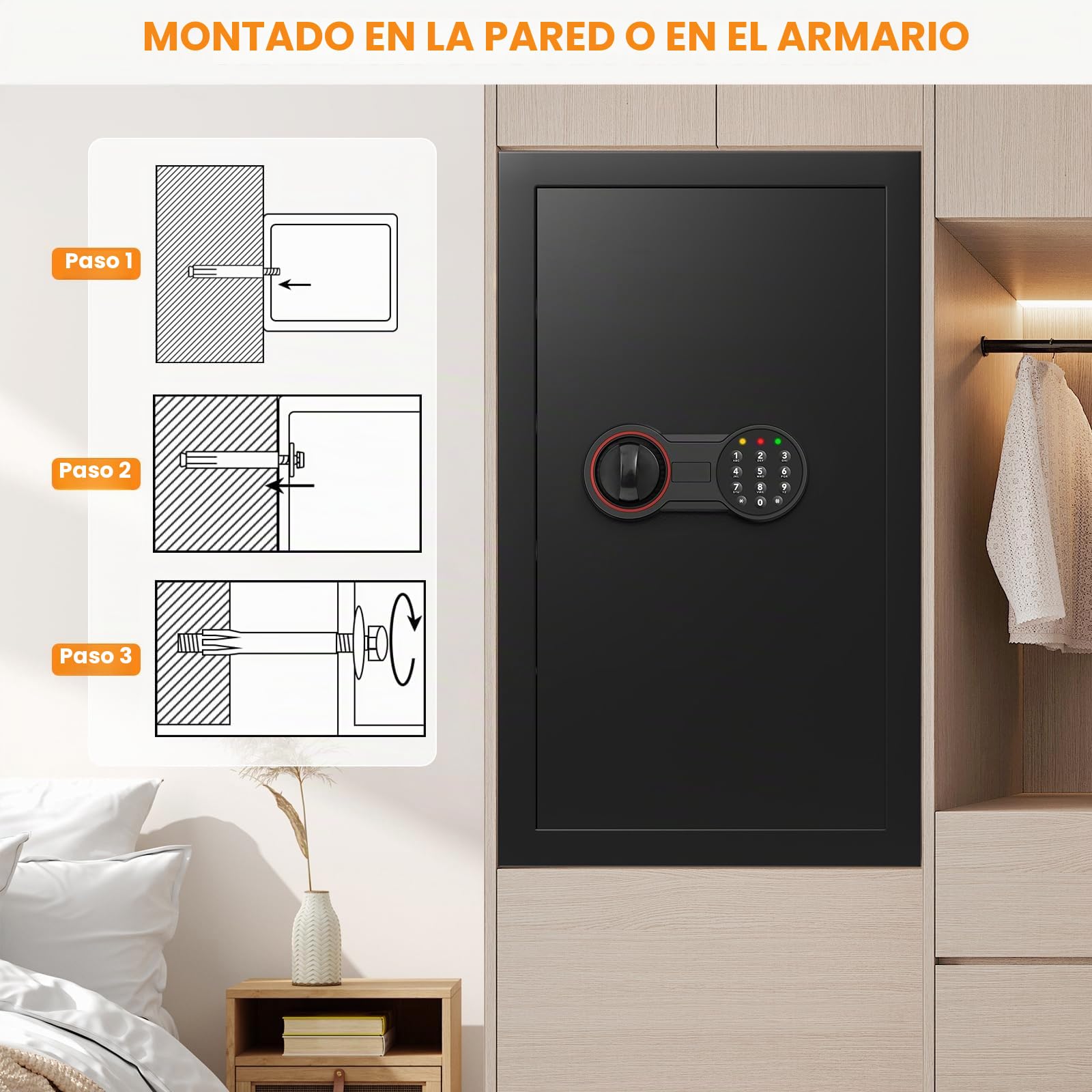 85 l extra grande incombustible caja fuerte para el hogar, caja fuerte ignífuga resistente al agua con llave, luz con sensor y 3 estantes extraíbles, caja fuerte antilibro para dinero, documentos