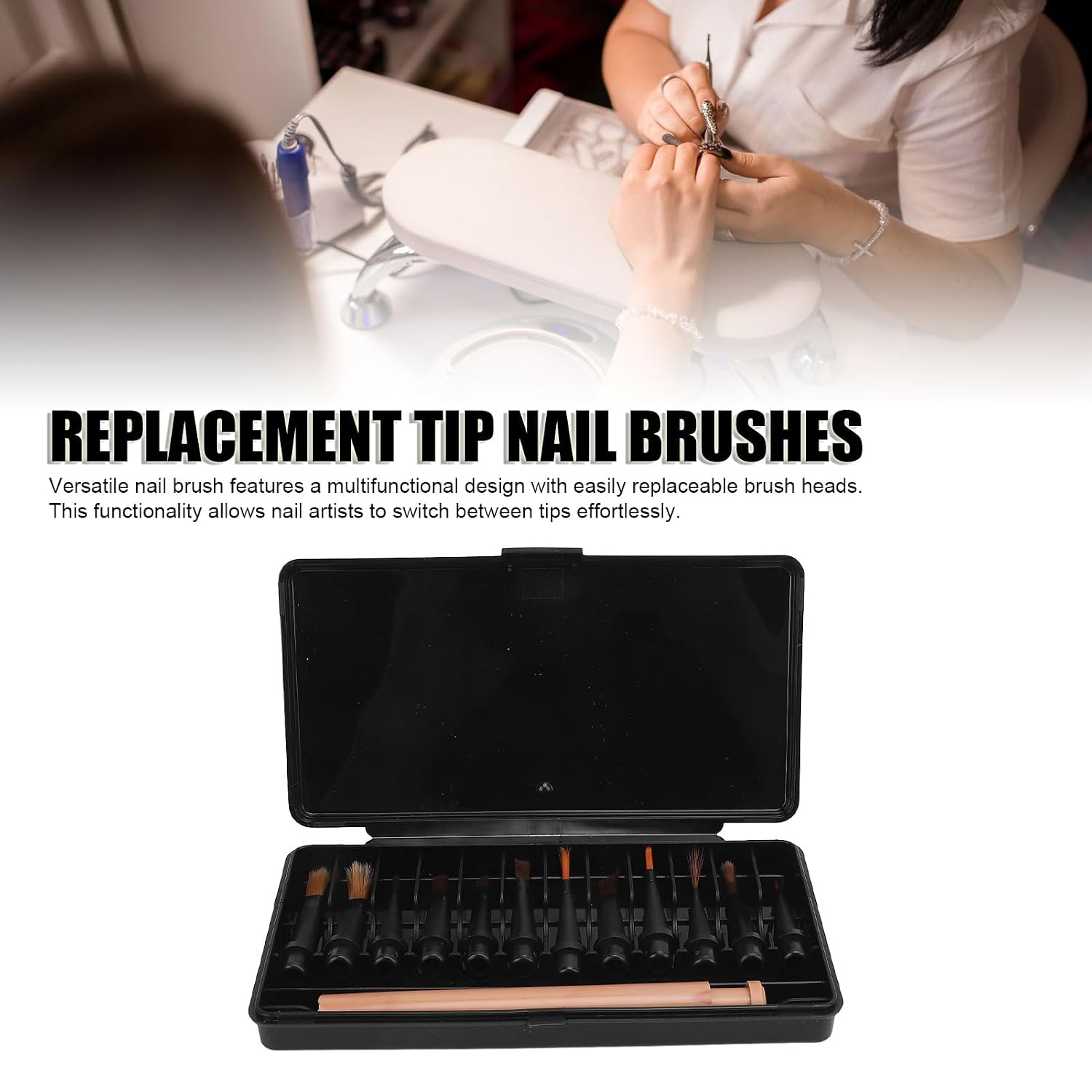 Nail Art Replacement Brushes Set, ABS Replacement Tip Nail Brushes, Professional Grade Durable Synthetic Fiber Hair Multifunctional Design for Nail Salon Technicians