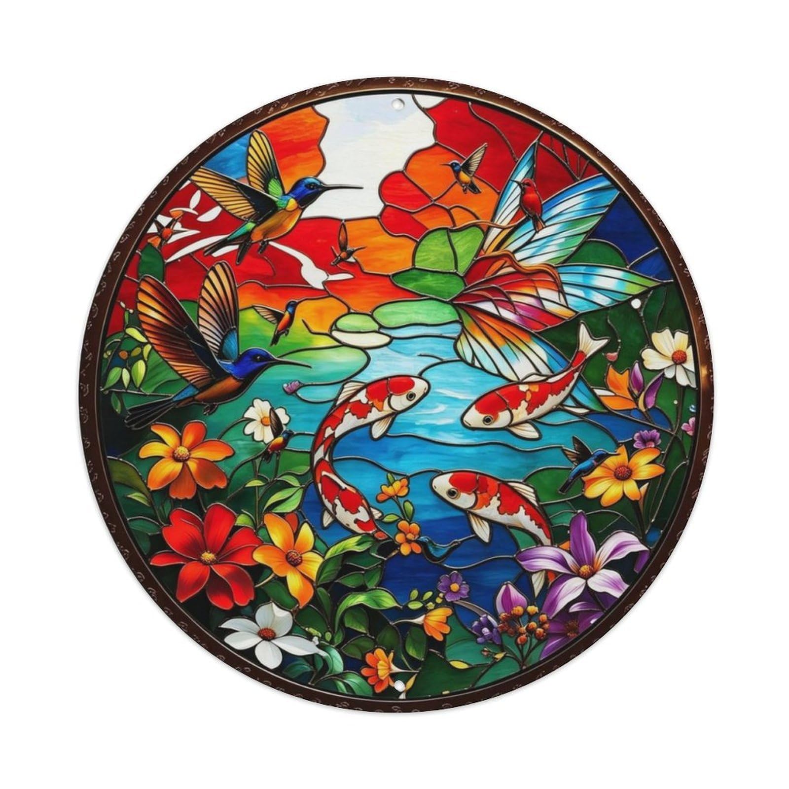 Koi Fish Lotus Pond Stained Glass Metal Tin Sign Plaque