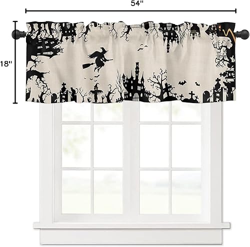 Miniatura 8 de Cortinas de cenefas para cocina, Halloween, bruja volando en una escoba y casa encantada, cenefa de cocina negra, cortinas cortas con bolsillo para