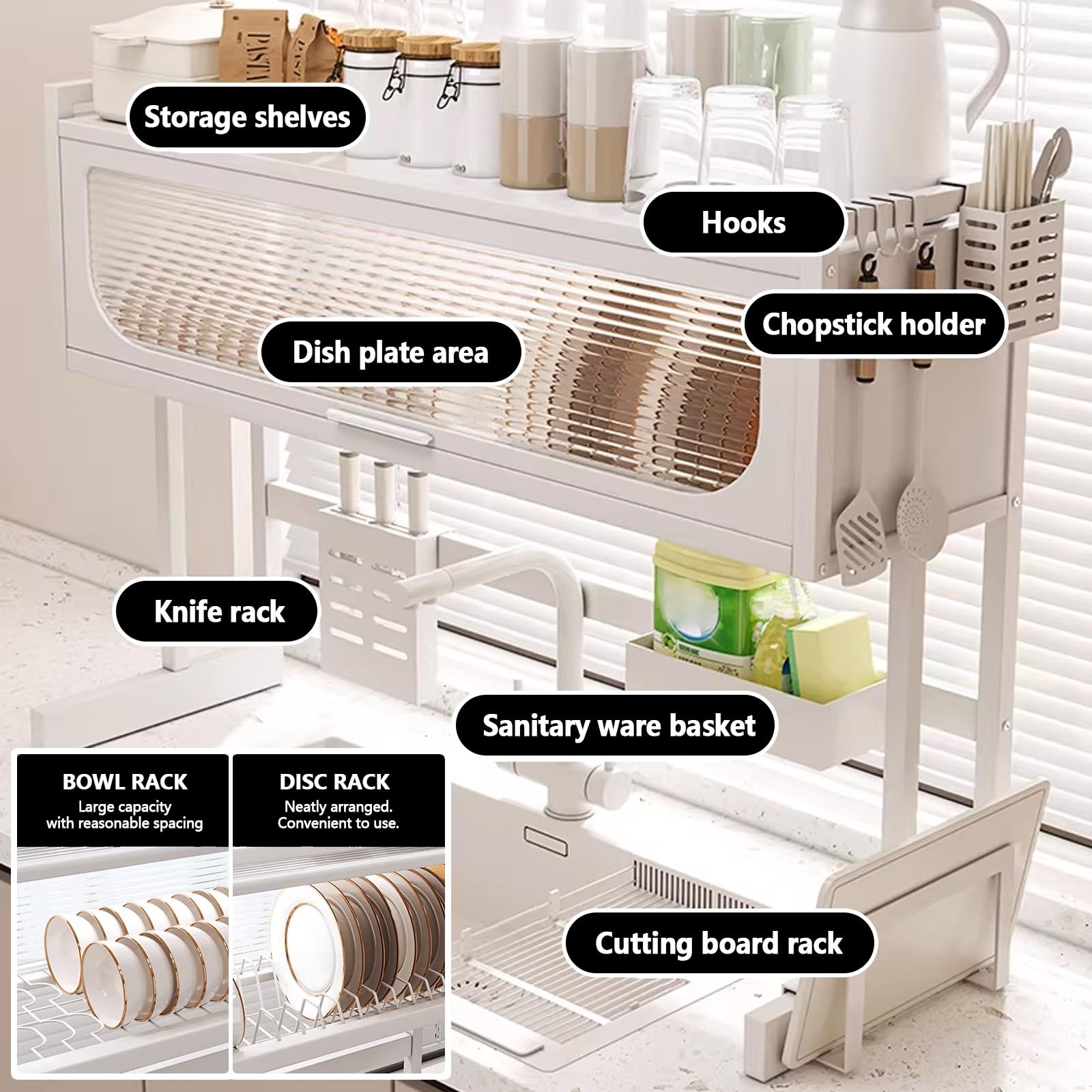 Scola piatti da appoggio sopra lavandino, multifunzione cucina porta scolapiatti, griglia scolapiatti gocciolatoio per lavello, con porta utensili.(65cm)