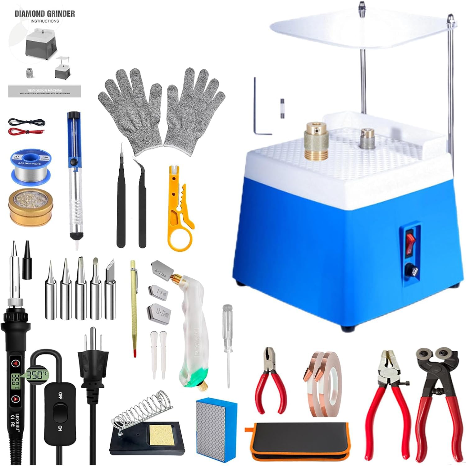 Glass Grinder Kit, Stained Glass Kit, Adult Stained Glass Kit, Electric Glass Grinder with 5/8-inch and 1-inch Grinders for Stained Glass DIY, Mosaics, Ceramics and Crafts.