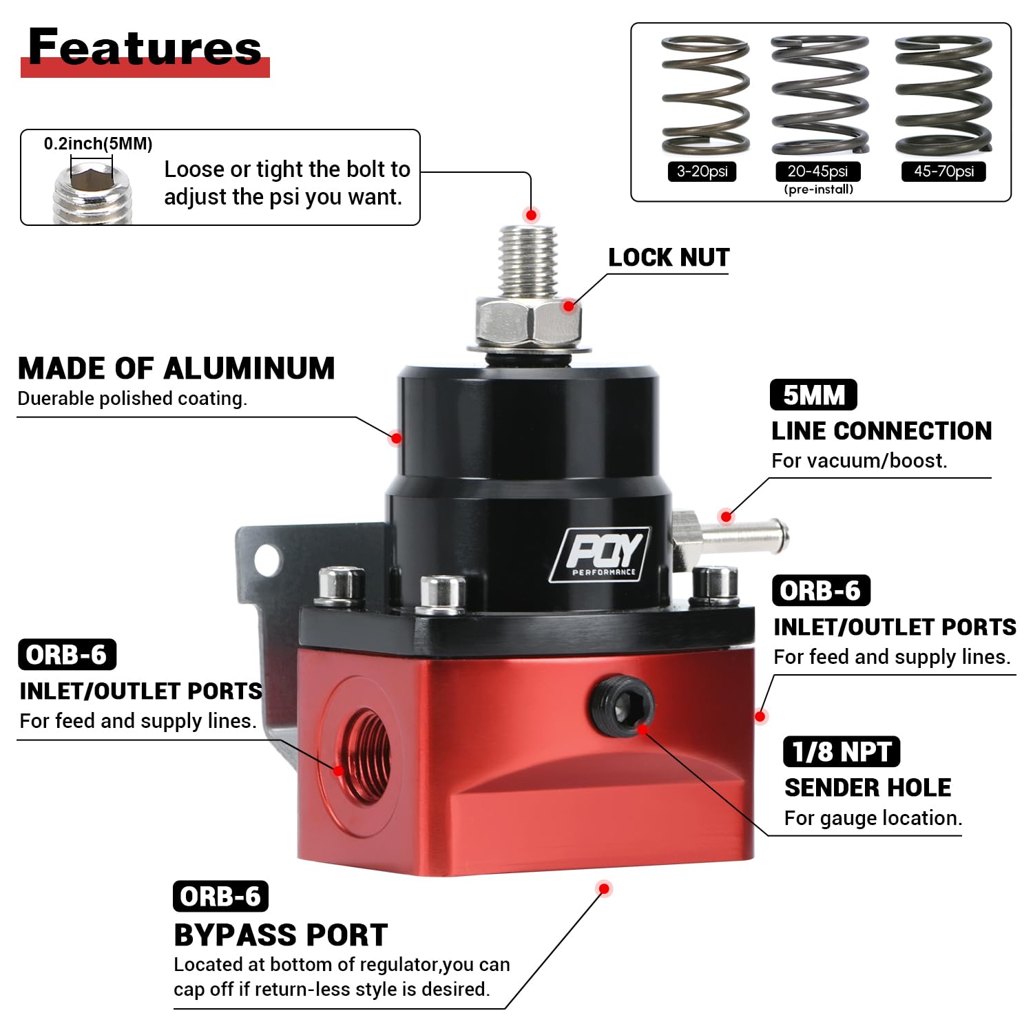 Black Adjustable EFI Fuel Pressure Regulator With Gauge - AN6 Ports, 3-70 PSI For Performance 10 thumbnail image
