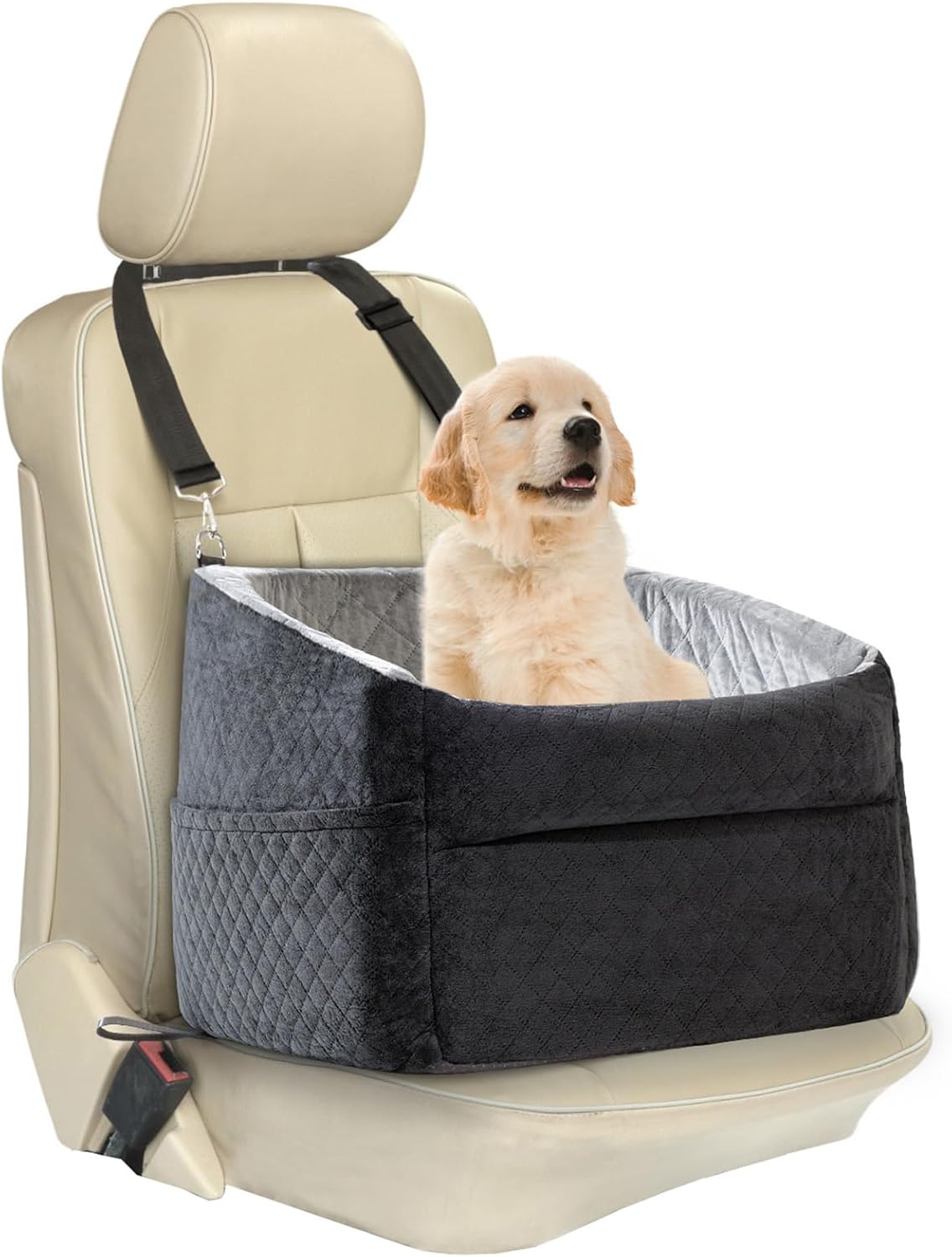Car Dog Bed - Memory Foam Puppy Car Booster Seat with Safety Leash, Washable, Medium/Small Dogs