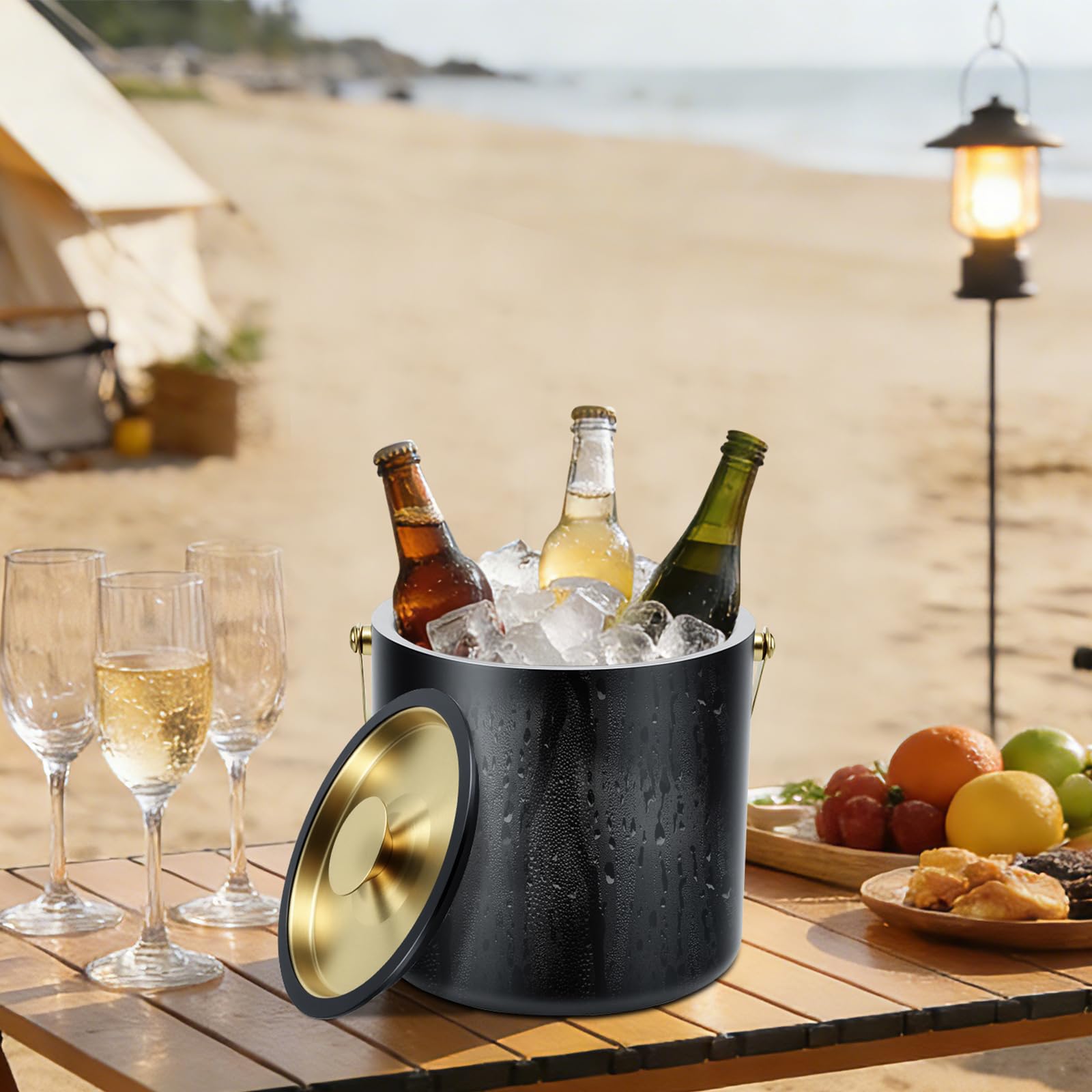 Qingning 3.2L Eiswürfelbehälter, Eiskübel mit Deckel, Zange, Schaufel & Sieb | Eiswürfelbehälter Edelstahl, Doppelwandiger Edelstahl-Eiskübel für Bier und Wein, für Partys, Picknicks, Clubs