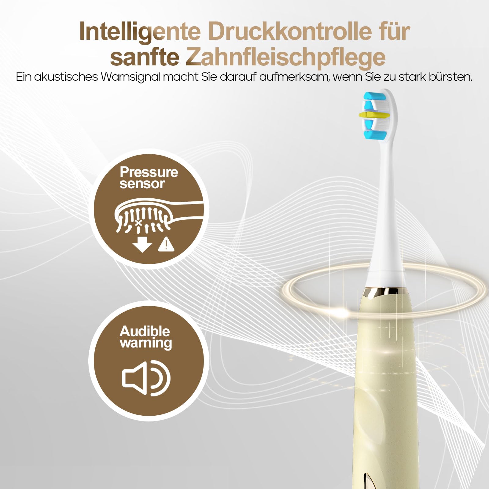 Seago Elektrische UltraschallZahnbürste, Drucksensorerinnerung und Bürstenköpfe Ersatzerinnerung, 8 Bürstenköpfe, 5 Modi und Nahtlose Taste, Schallzahnbürste für Erwachsene, SG2753 (Beige)