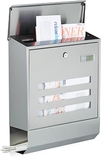 Relaxdays Briefkasten Edelstahl mit Zeitungsfach, Namensschild, HxBxT: 42 x 35 x 12,5 cm, Postkasten, Design, silber
