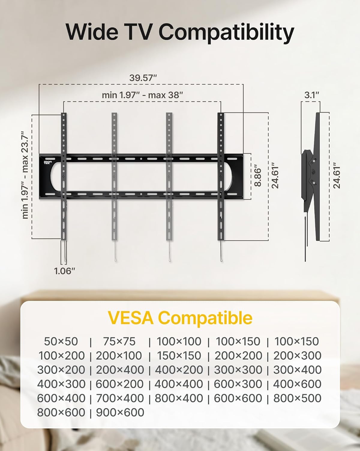 monTEK Heavy Duty Tilting TV Wall Mount for 60–120” Large TVs up to 300 lbs, 4X Safety Tested, 10° Tilt for Glare-Free Viewing, Low Profile Slim Bracket, Max VESA 900x600, Fits 16”/18”/24” Studs