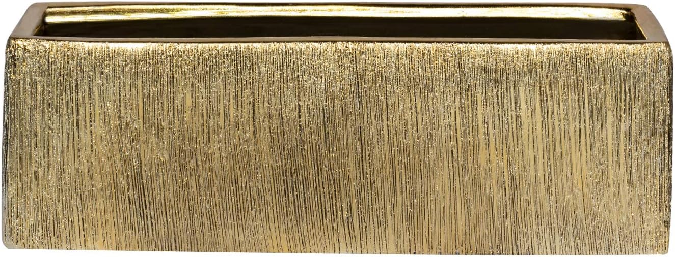 Royal Imports Flower Glass Ceramic Vase Decorative Centerpiece for Home or Wedding- Etched Rectangle Shape, 4"x12", Gold