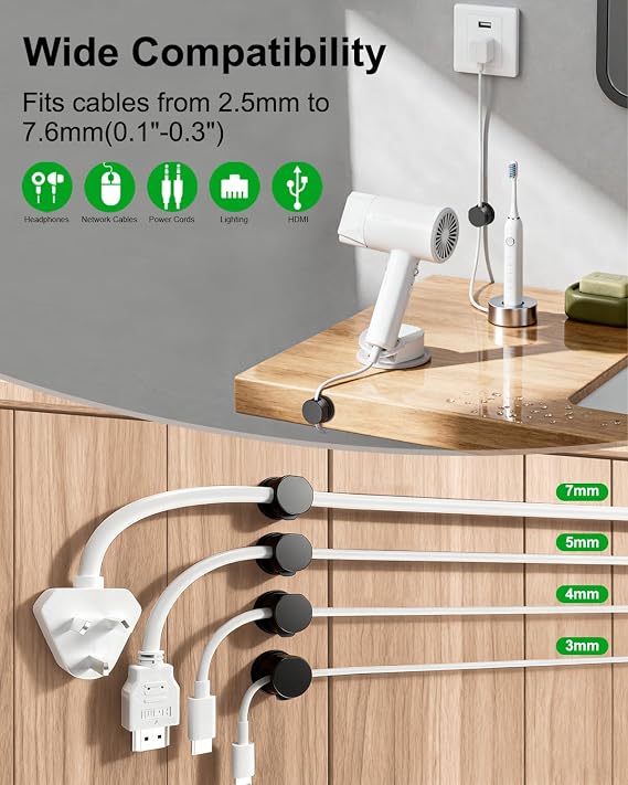 OneLeaf 8 Pack 360 Rotatable Strong Magnetic Cable Clips Cord Holder for Nightstand, 1s Lock Phone Charger Holder, Adhesive Magnetic Cord Clips for Home/Office/Car/Game Station, Smooth Adjustable