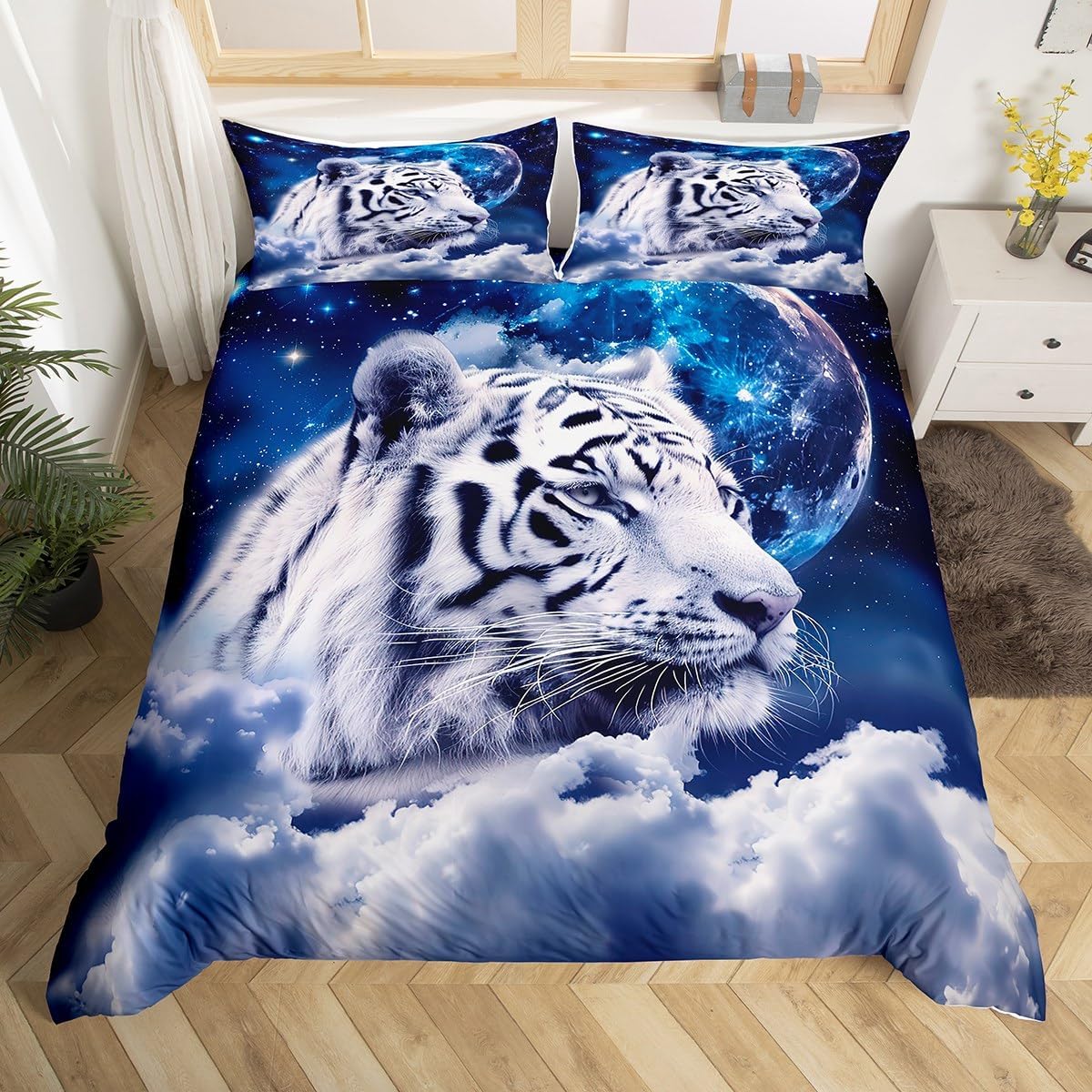 Galaxy White Tiger Bedding Set King,Blue Nebulas Stars and Moon Duvet Cover Wild Animal Print Comforter Cover Outer Space Bed Cover Wildlife Sky Starry Bedspread Cover 2 Pillow Cases Bedroom Decor