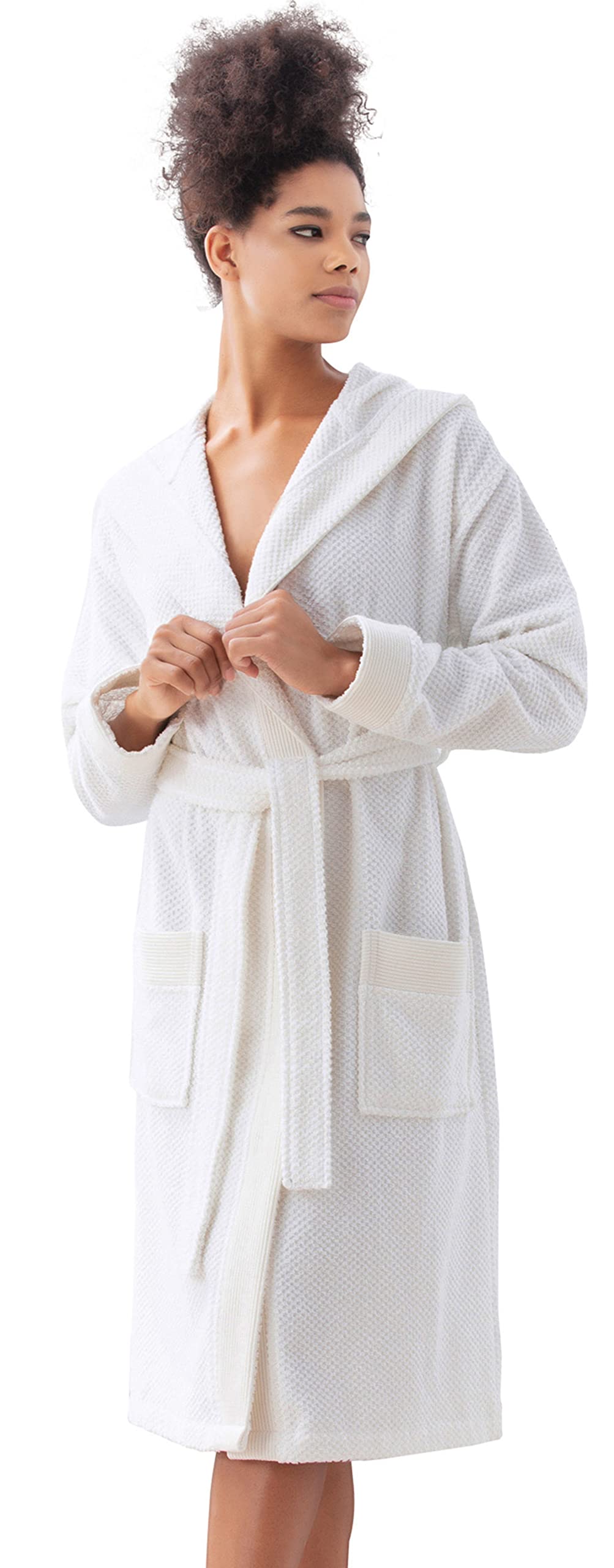 Brandless Concepts Turkish Cotton Luxurious Women's Long Textured Terry Cloth Bathrobe with Hood and Rice Weave Trim