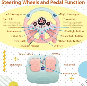 RedCrab Steering Wheels with Brake and Gas Pedals Toy for Kids,Simulated Driving for Toddlers with Light and Music, Pretend Driving Seat Toys, Baby Electric Early Learning Educational Toys (Pink)