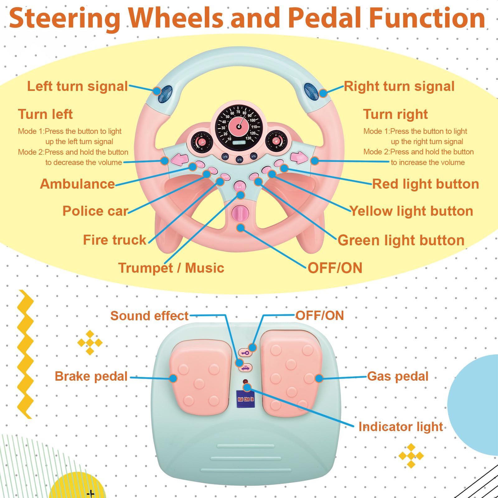 RedCrab Volante Giocattolo per Bambini con Pedale del Freno e Dell'acceleratore, Simulatore di Guida Bambini Rotazione a 360°, Volante per Bambini da Auto con Funzione Suono e Musica (Rosa)