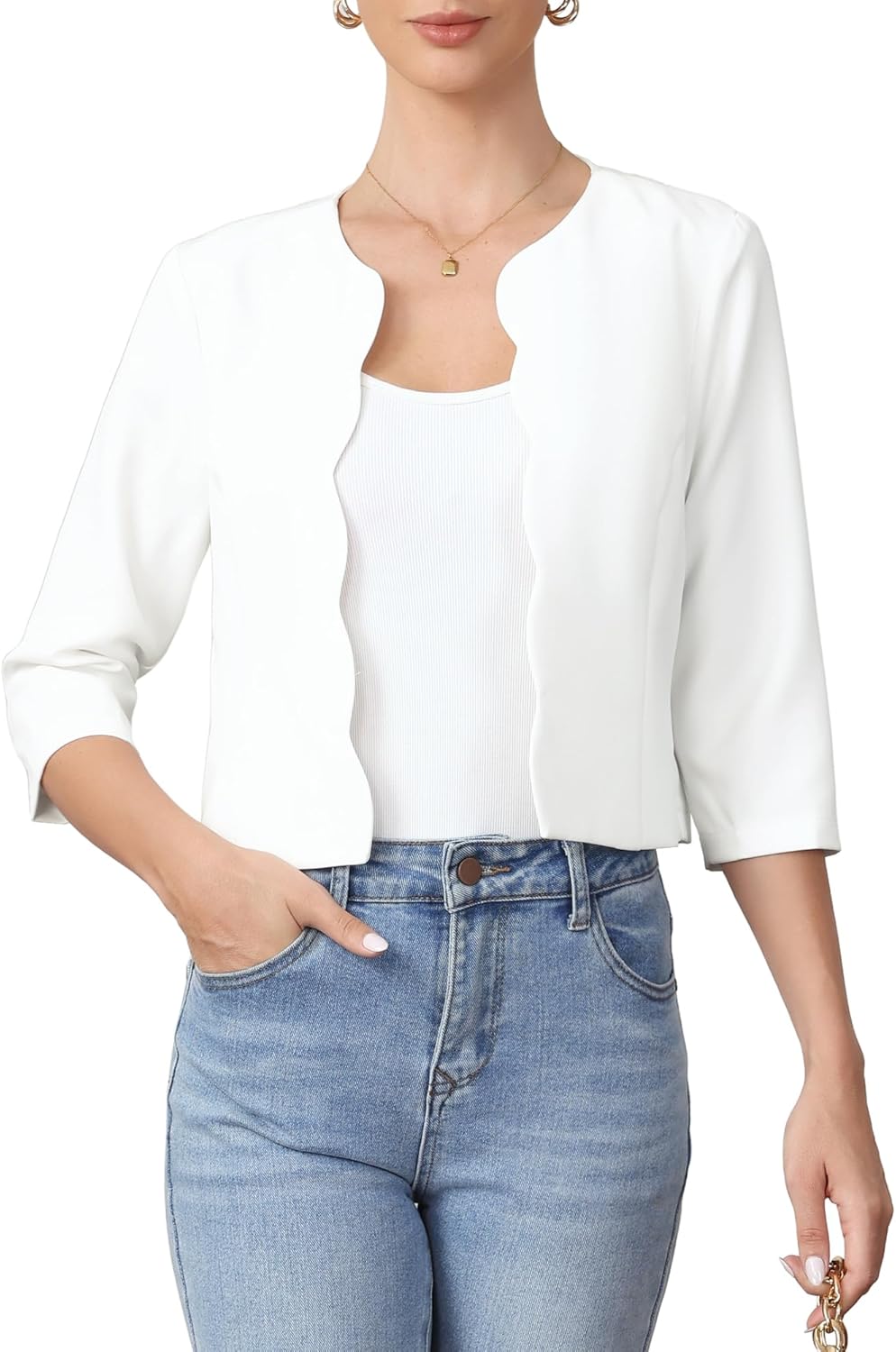 Allegra K Damenblazer Offener Vorderteil 3/4-Ärmel Rundhalsausschnitt Business- und Büro-Anzugjacke