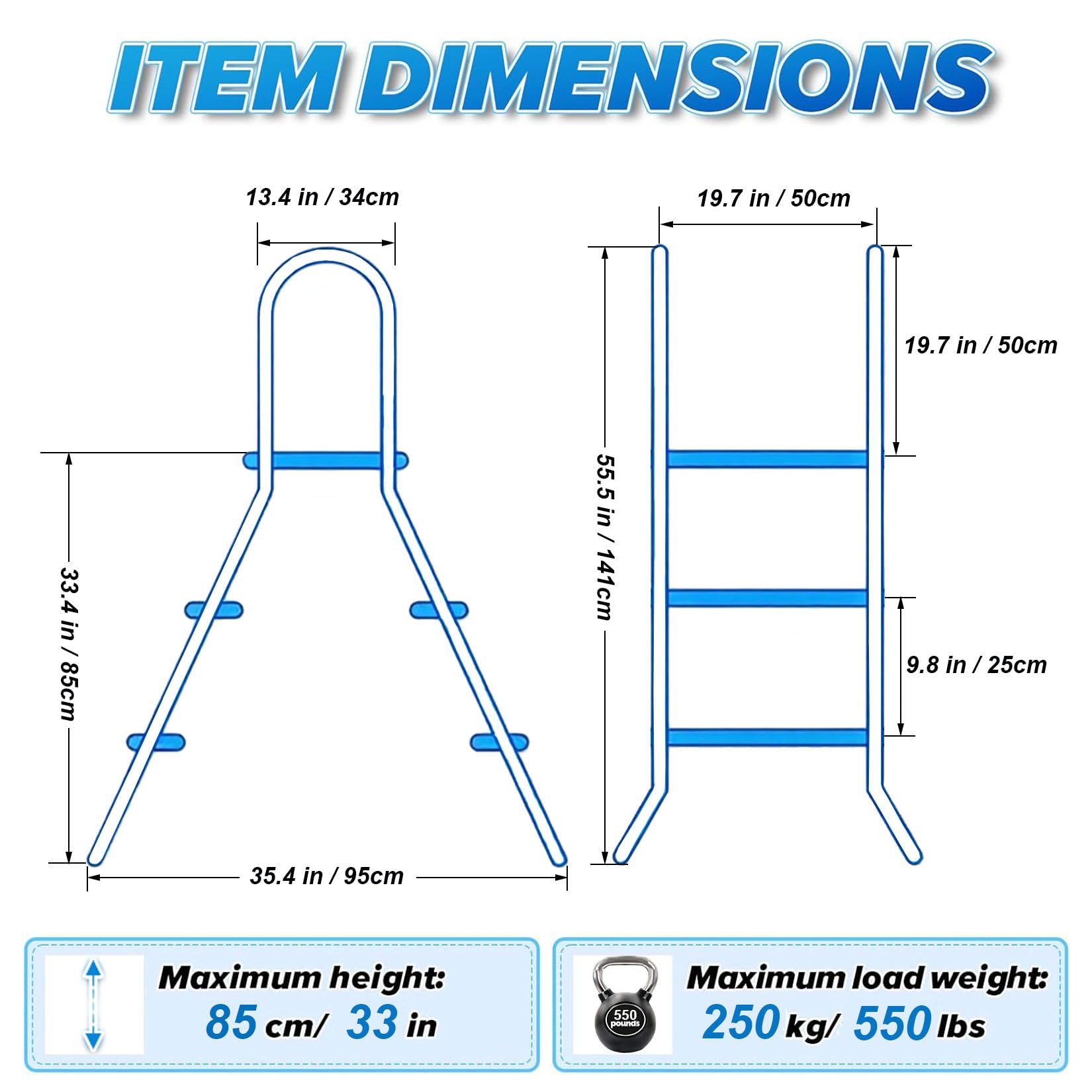 BOTOWI Scala per Piscina Fuori Terra Pesante, Struttura in Acciaio Inossidabile 304, Scala da Nuoto con capacità di 250 kg, Solo Scala a Doppia entrata e Uscita Antiscivolo,2 Step 33 inch 85cm