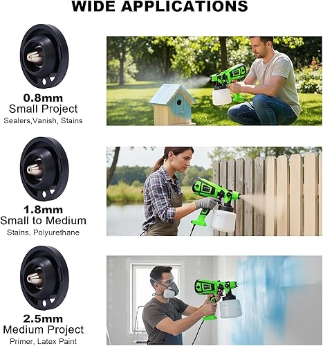 Miniatura 7 de Pulverizador de pintura, pistola eléctrica HVLP de 800 W con juntas de limpieza/soplado, 3 boquillas de 3 patrones y recipiente de 47.3 fl oz,