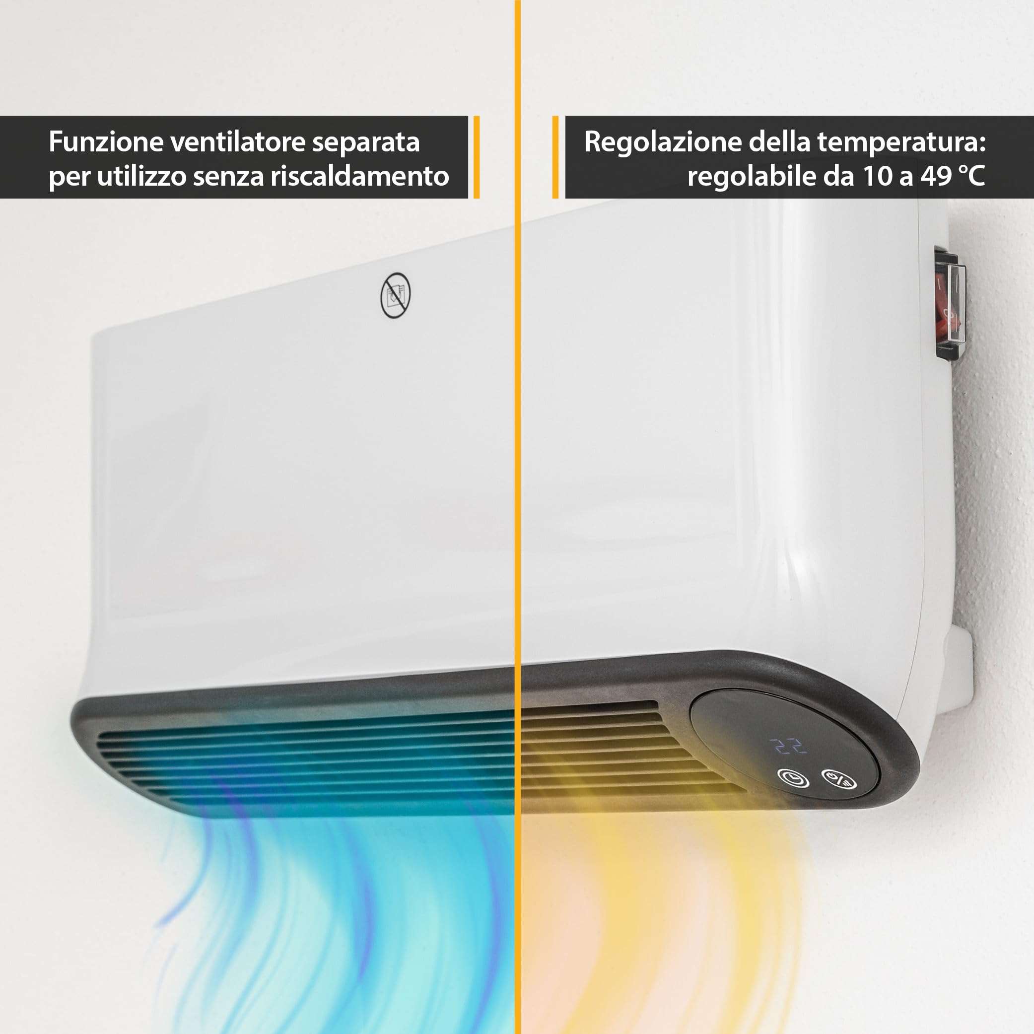 TZS First Austria termoventilatore da parete ceramico, 2000W, timer 12h, 2 livelli, montaggio a muro, termostato, protezione surriscaldamento, bianco/nero
