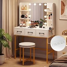 GOFLAME Vanity Desk with Lights & Charging Station, White & Gold Makeup Vanity with Chair, 10 Bulbs, 4 Shelves, 3 Drawers, 3 Color Modes, Modern Dressing Table with Stool Set for Bedroom