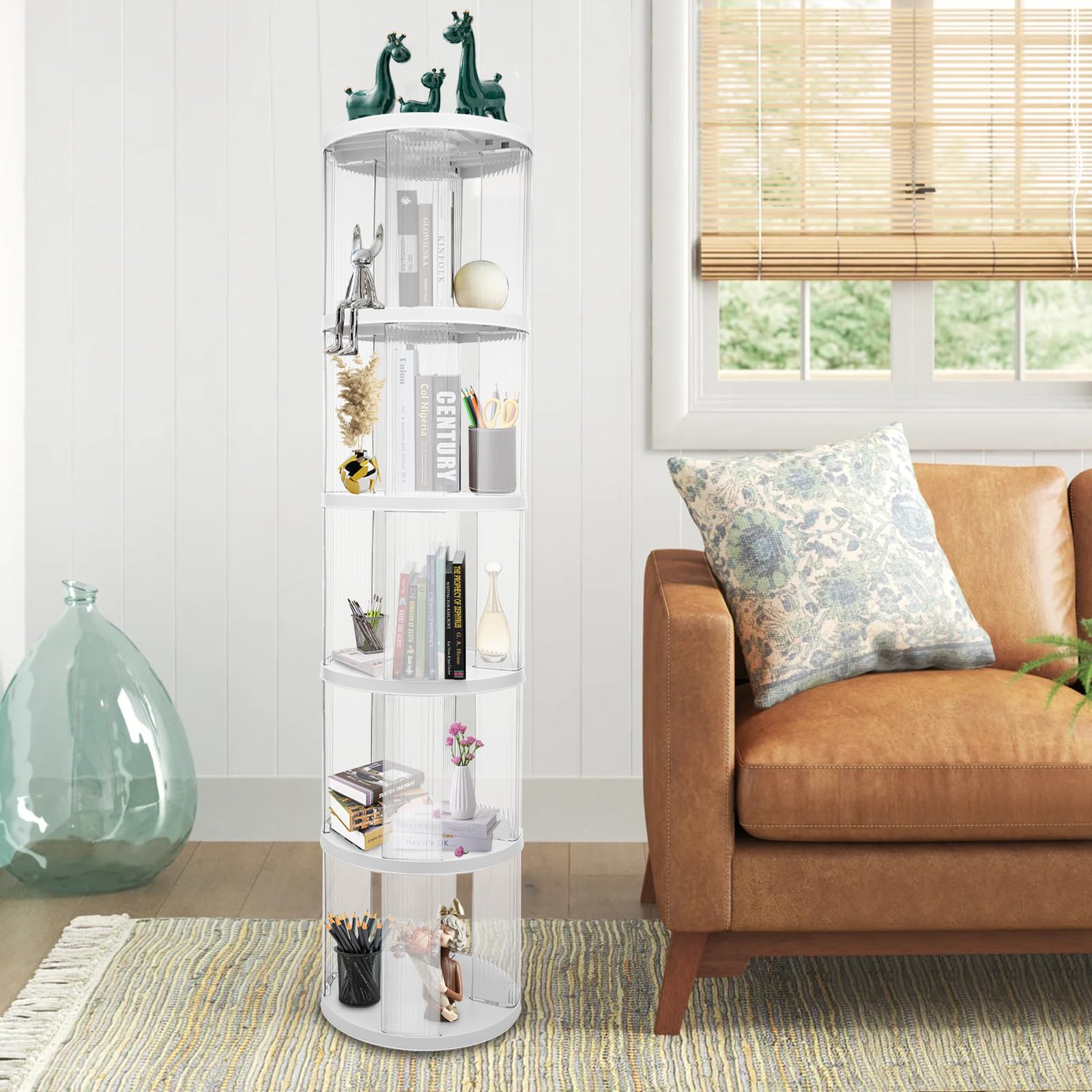 Libreria girevole moderna a 360°, libreria a 5 livelli, per studio, dormitorio, caffè, tè, bianco, 40,5 x 168,5 cm