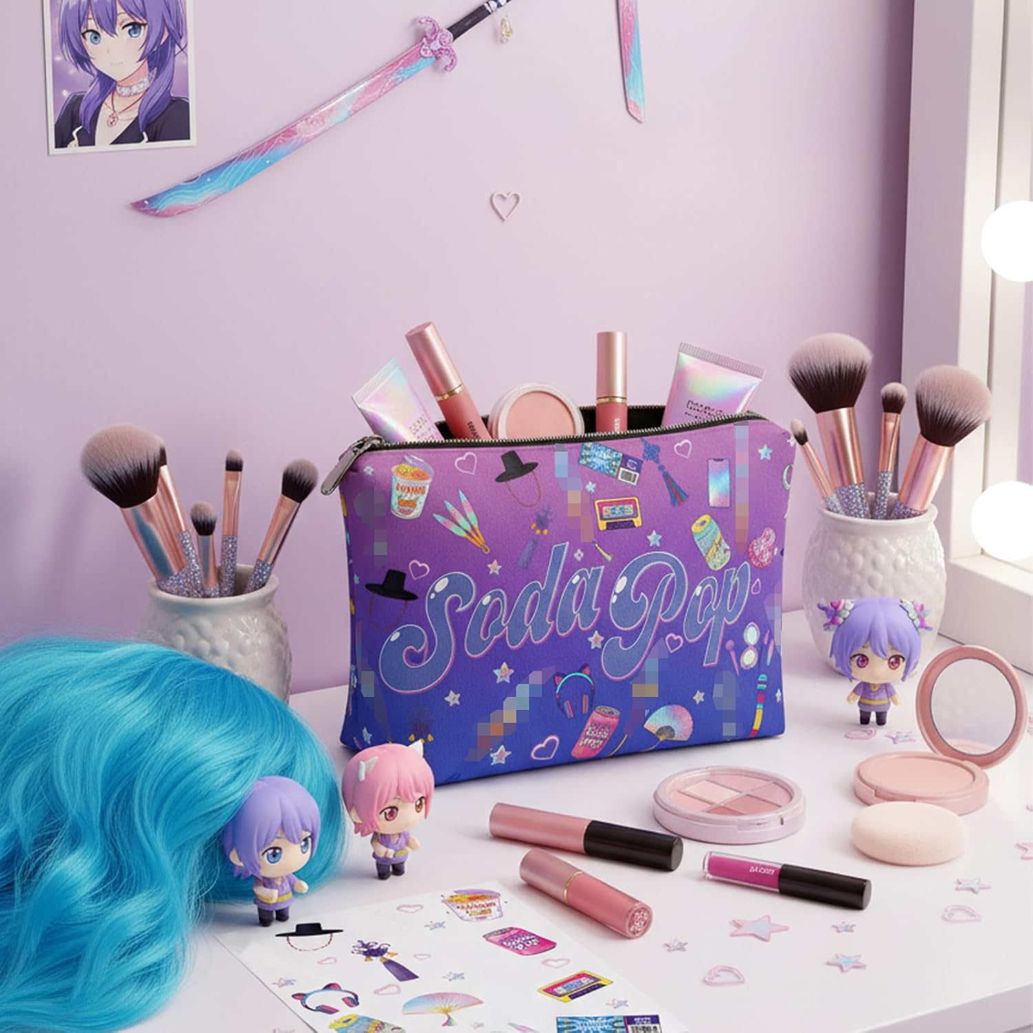 Cosmetic Bag with Matching Temporary Tattoo Sheet – Cute Makeup Pouch for Travel, Gifts & Collectors – Purple Gradient Aesthetic - Image 4