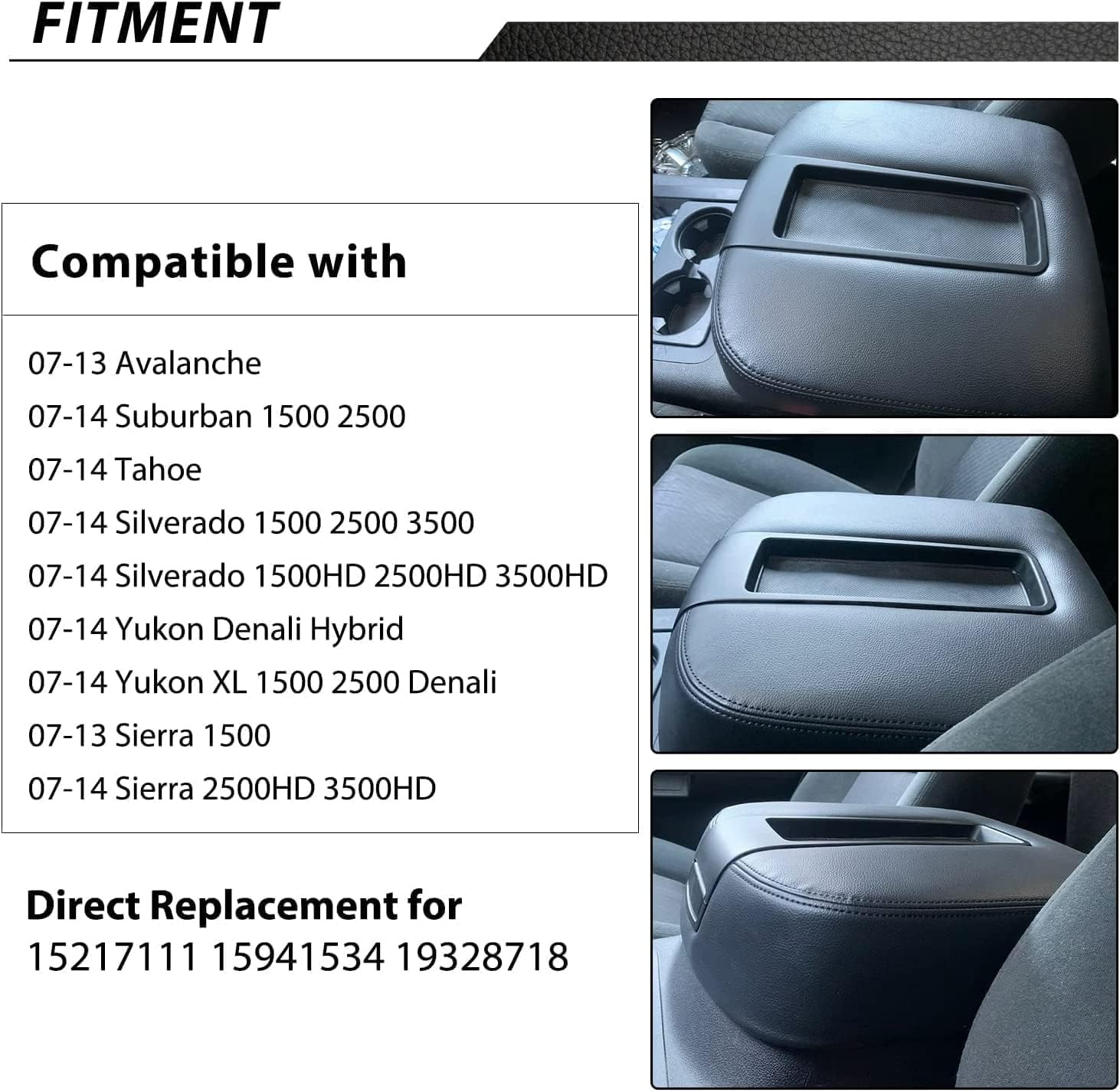 HECASA Center Console Lid Compatible with 2007-2014 Chevy Avalanche Silverado Suburban Tahoe Yukon Sierra Replacement for 15217111 15941534 19328718 Center Console Armrest Cover Kit Leather Black