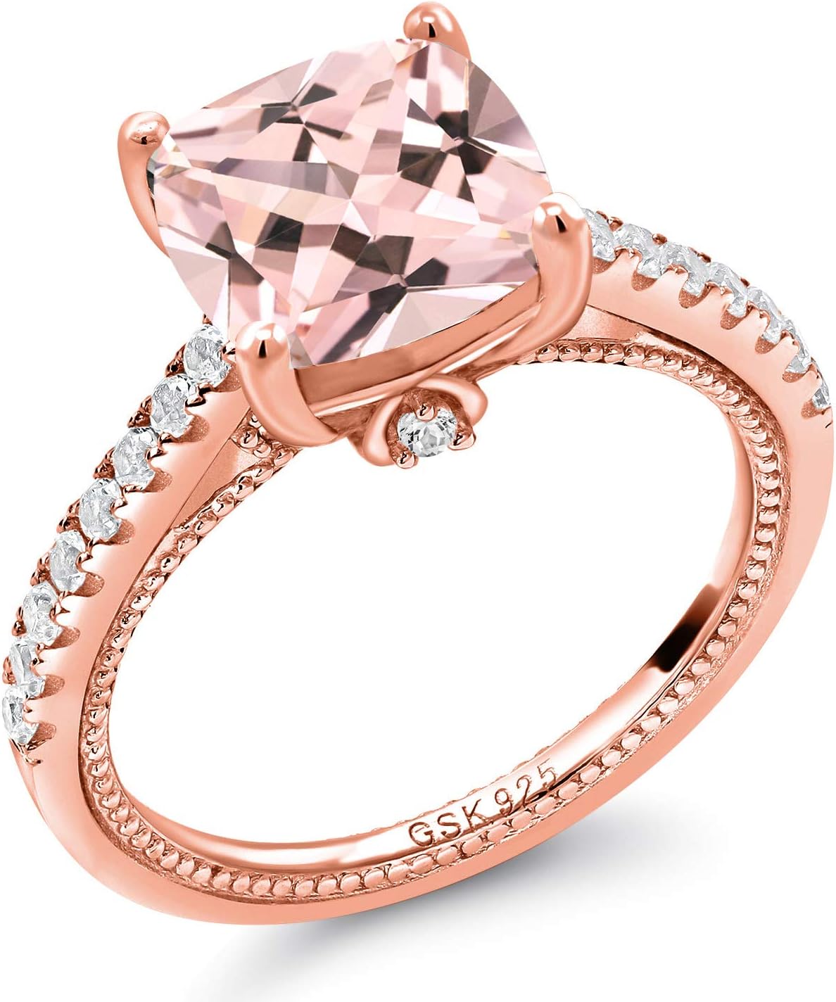 Gem Stone King 4.59 Cttw Peach Simulated Morganite and White Created Sapphire 18K Rose Gold Plated Silver Ring for Women | Gemstone Birthstone | Wedding Engagement Anniversary Promise Ring