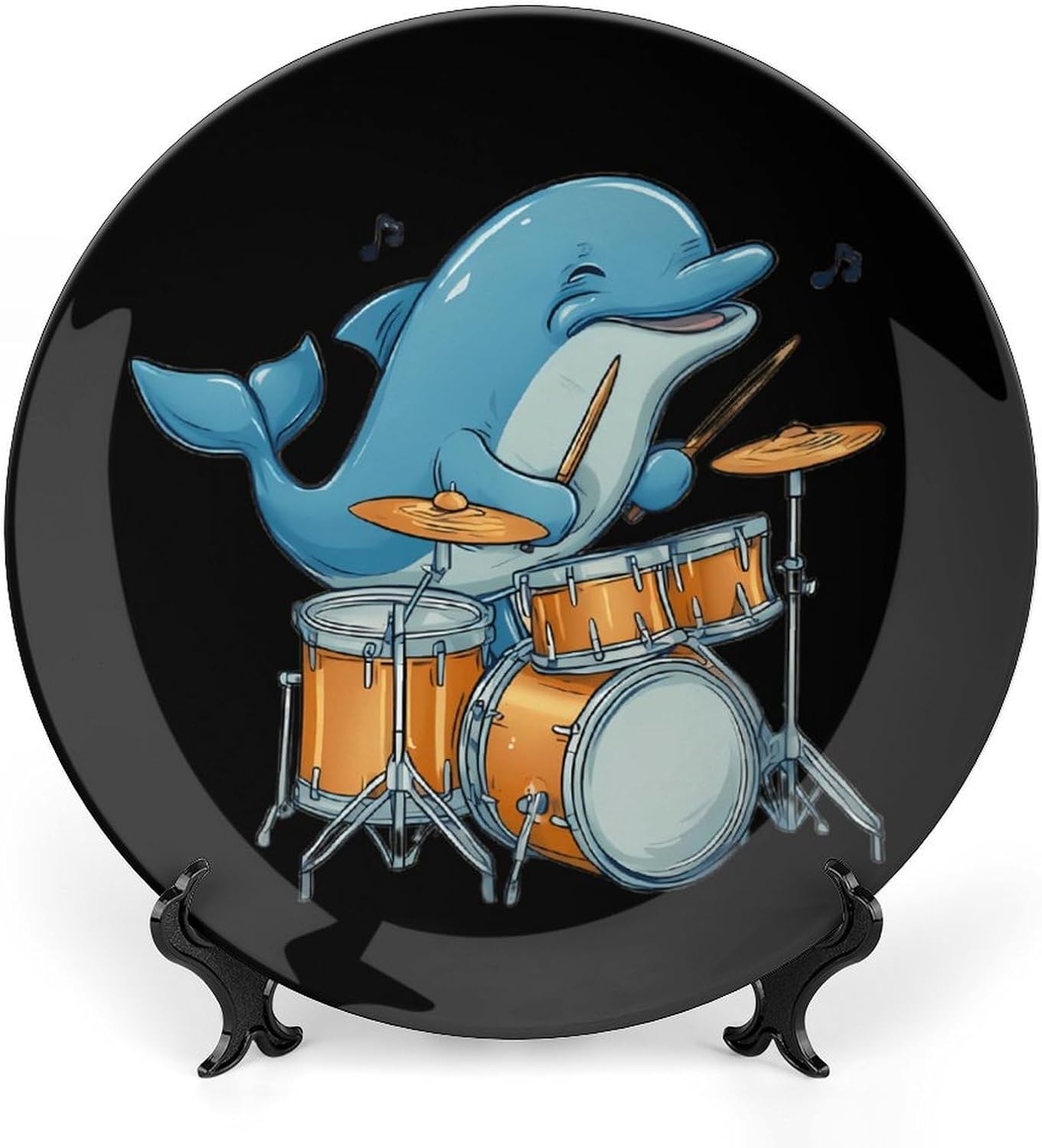 Dolphin Playing Drum Drummer Novelty Decorative Plate with Display Stand Ceramic Ornament Hanging Wall Decor
