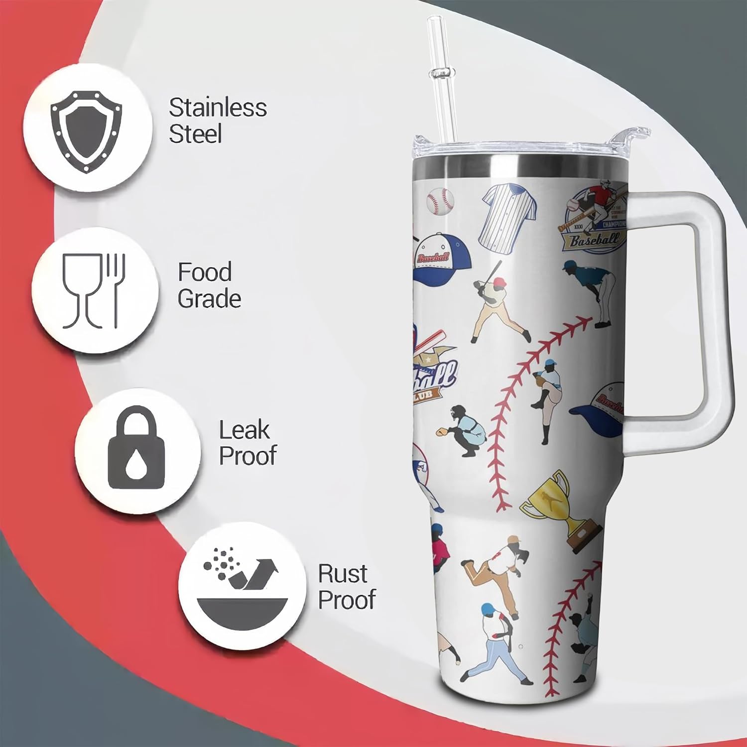 40oz Baseball Tumbler with Handle, Birthday Gift for Man, Sports Coach Insulated Stainless Steel Cup with Lid and Straws, Reusable Travel Coffee Mug Water Bottle