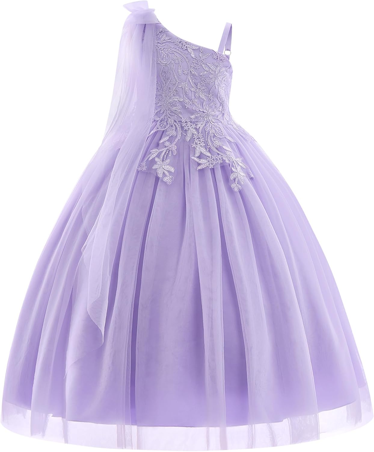 IBTOM CASTLE Girls One Shoulder Floral Applique Tulle Flower Girl Dresses for Wedding Pageant Formal Party 5-14Y
