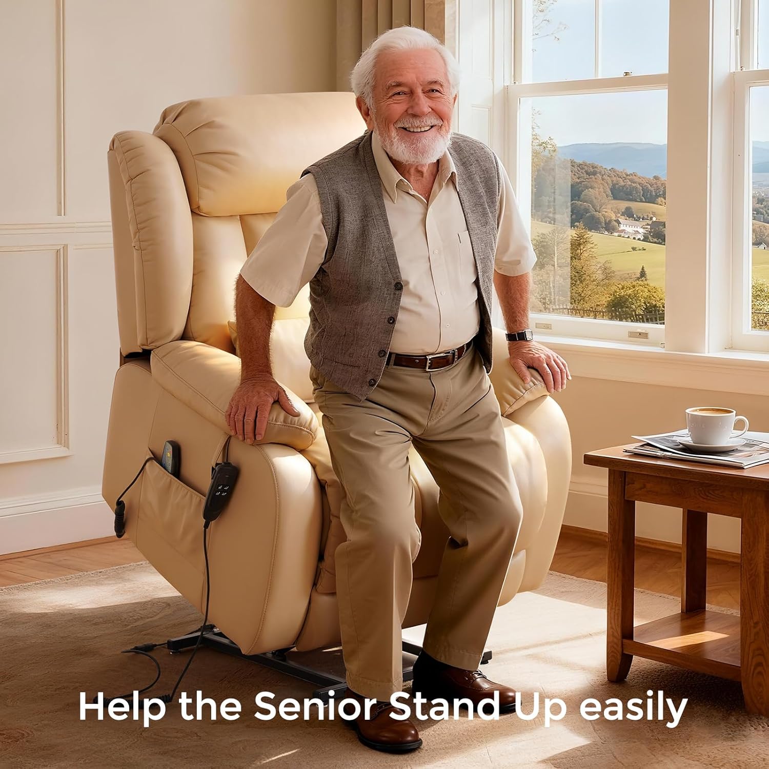 Power Lift Recliner Chair with 8-Point Massage & Heat, Dual Remote, USB/Type-C Ports, Easy-Clean Leather, Width 19.7" (Leather, Beige)