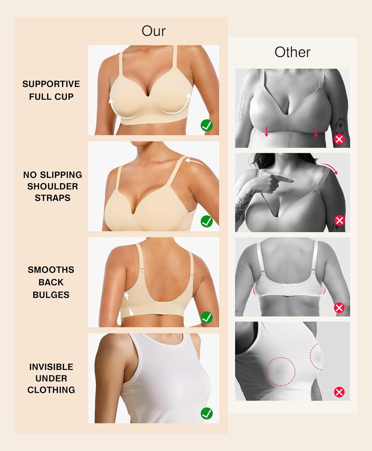 Popilush Bras for Women No Underwire Supportive Push Up Bralettes Wireless Full Coverage Plus Size T-Shirt Bra - Image 3