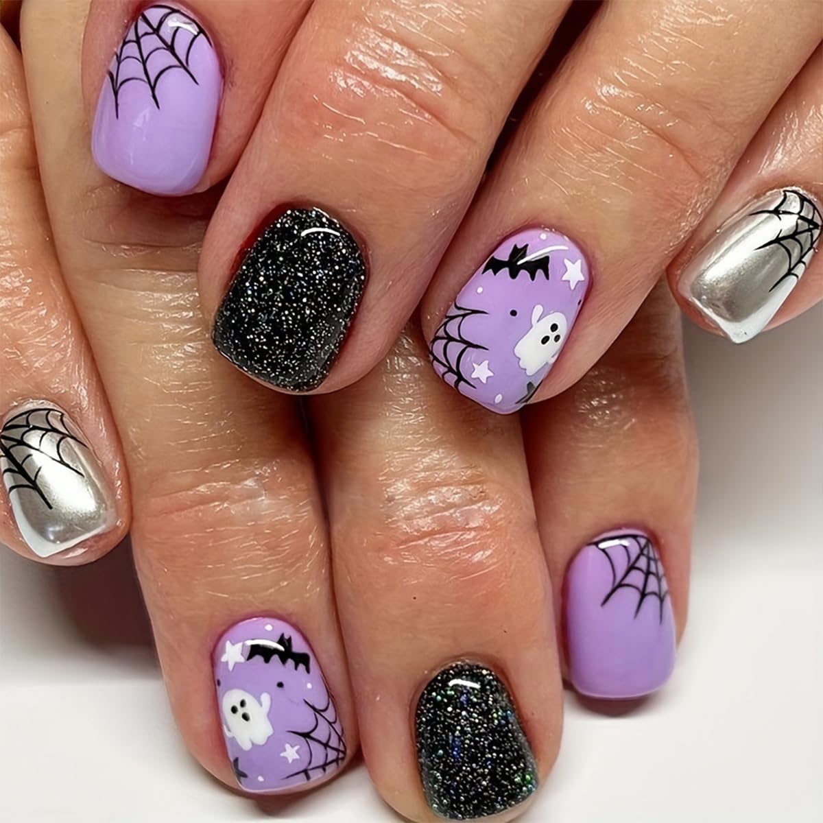 6 Packs (144 Pcs) | Halloween Press on Nails short | Square Fake Nails with Pumpkins Ghost Spider Web Design | Reusable Stick on Halloween Nails for Women Holiday Nail Kit with Jelly Glue