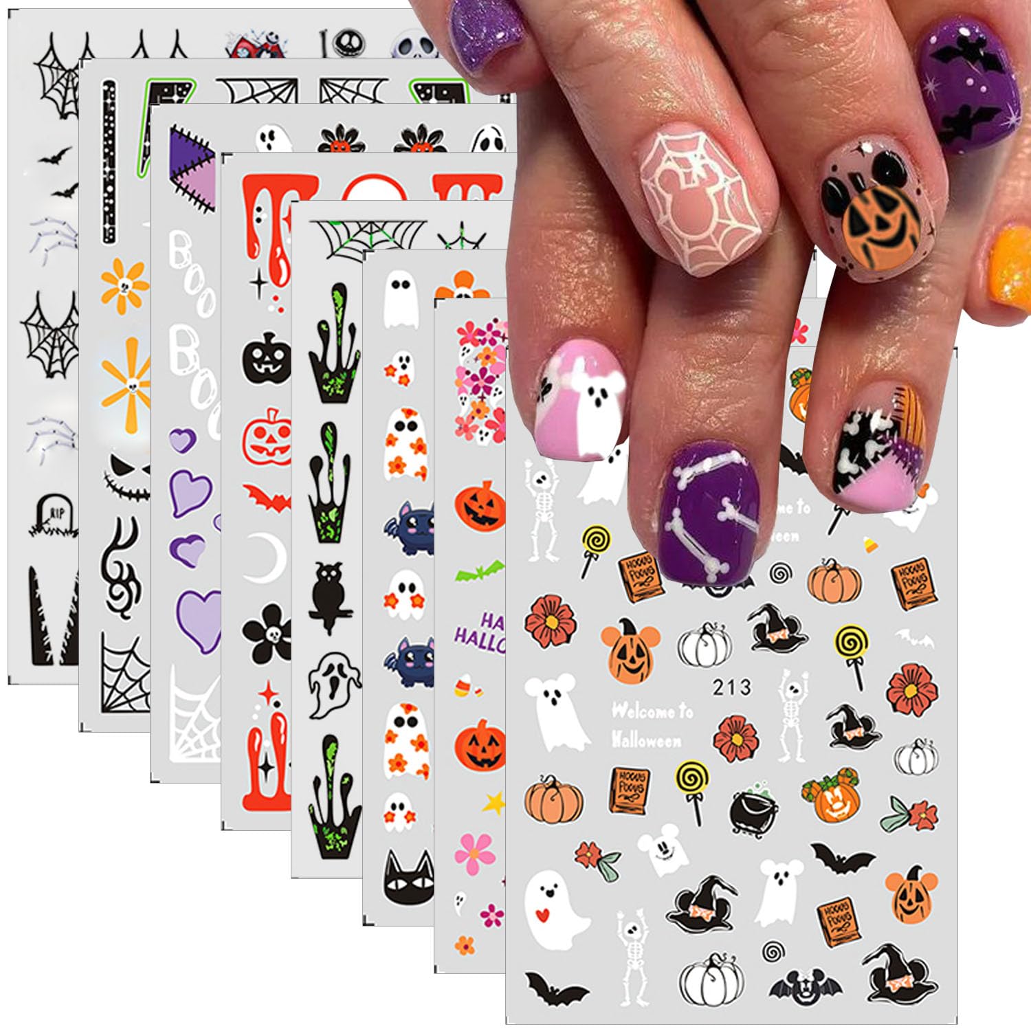 Evadollina Halloween Nagelsticker, 8 Blätter Mit Geister-Motiven – Selbstklebend, Für Nail Art & Grusel-Looks