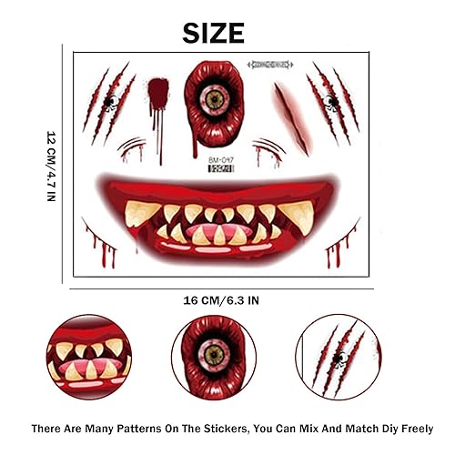 Miniatura 6 de Tatuajes falsos de cara de Halloween con boca grande para adultos, broma de miedo, kit de tatuaje temporal para mujeres, calcomanías de cara falsa