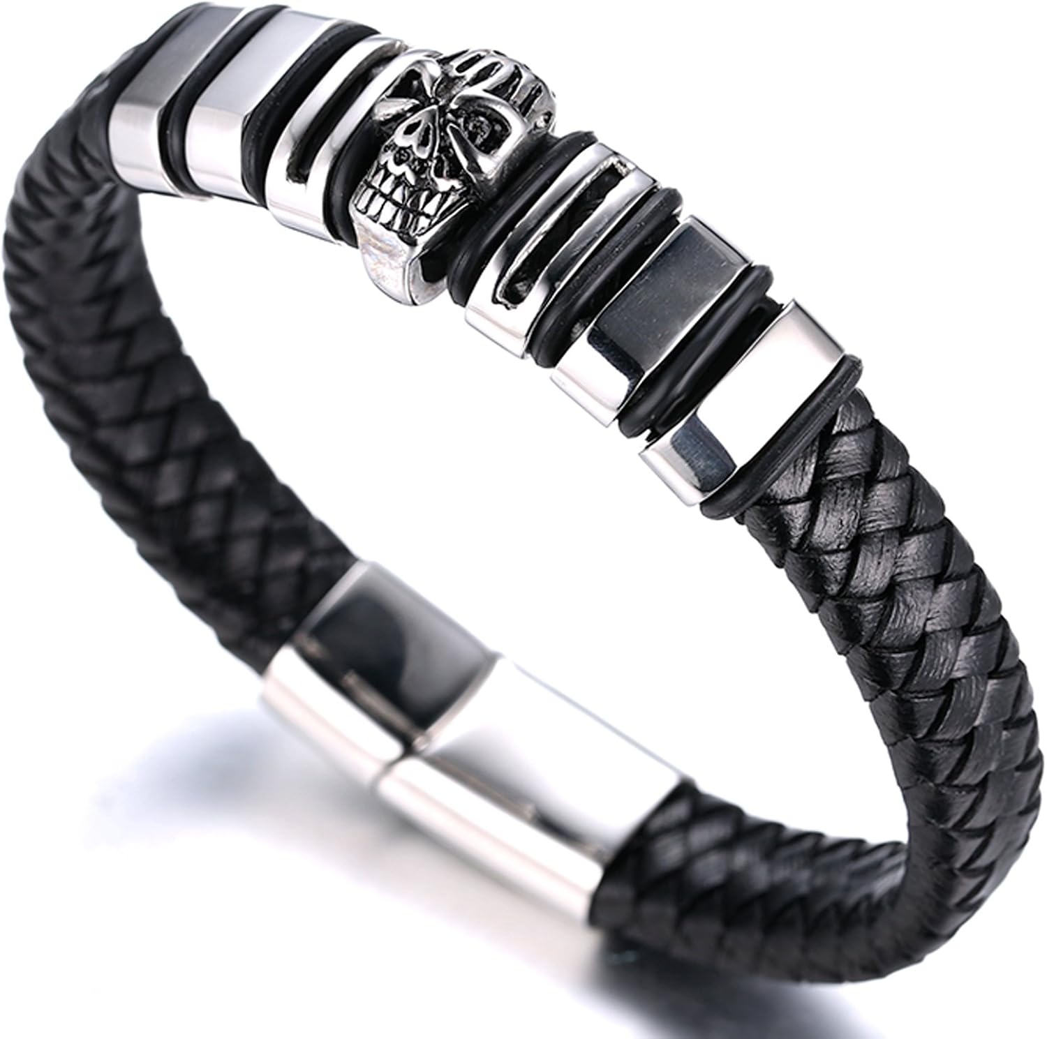 HALUKAKAH ● Assassin ● Men's Genuine Leather Bracelet Titanium Skull Head Magnetic Clasp 8.46"/21.5cm with Free Giftbox - Image 5